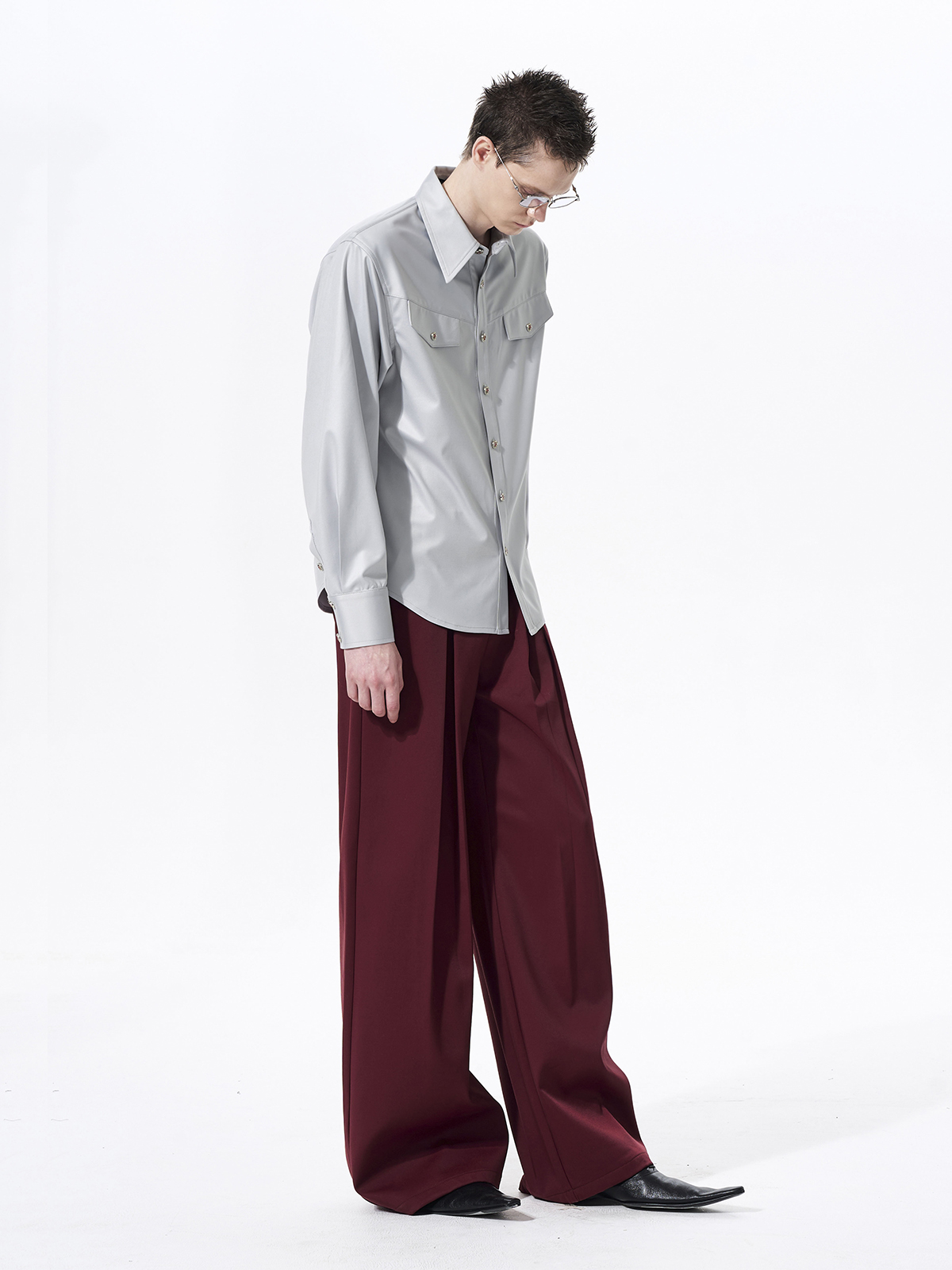 FAUX ACETATE STRUCTURED SHOULDER SHIRT-SLATE GREY