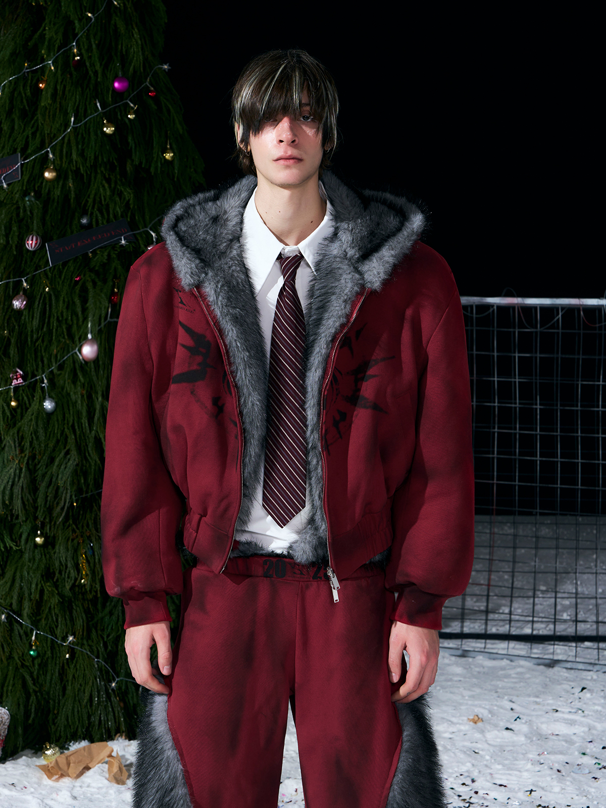 VINTAGE RED REVERSIBLE FUR HOODIE & FUR PANEL PANTS SET