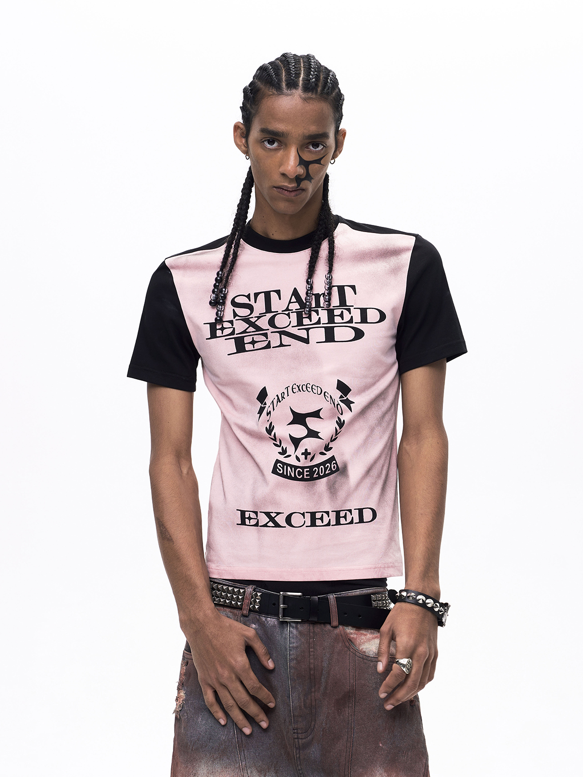 GRAPHIC COLOR BLOCK DIRTY WASH T-SHIRT-PINK