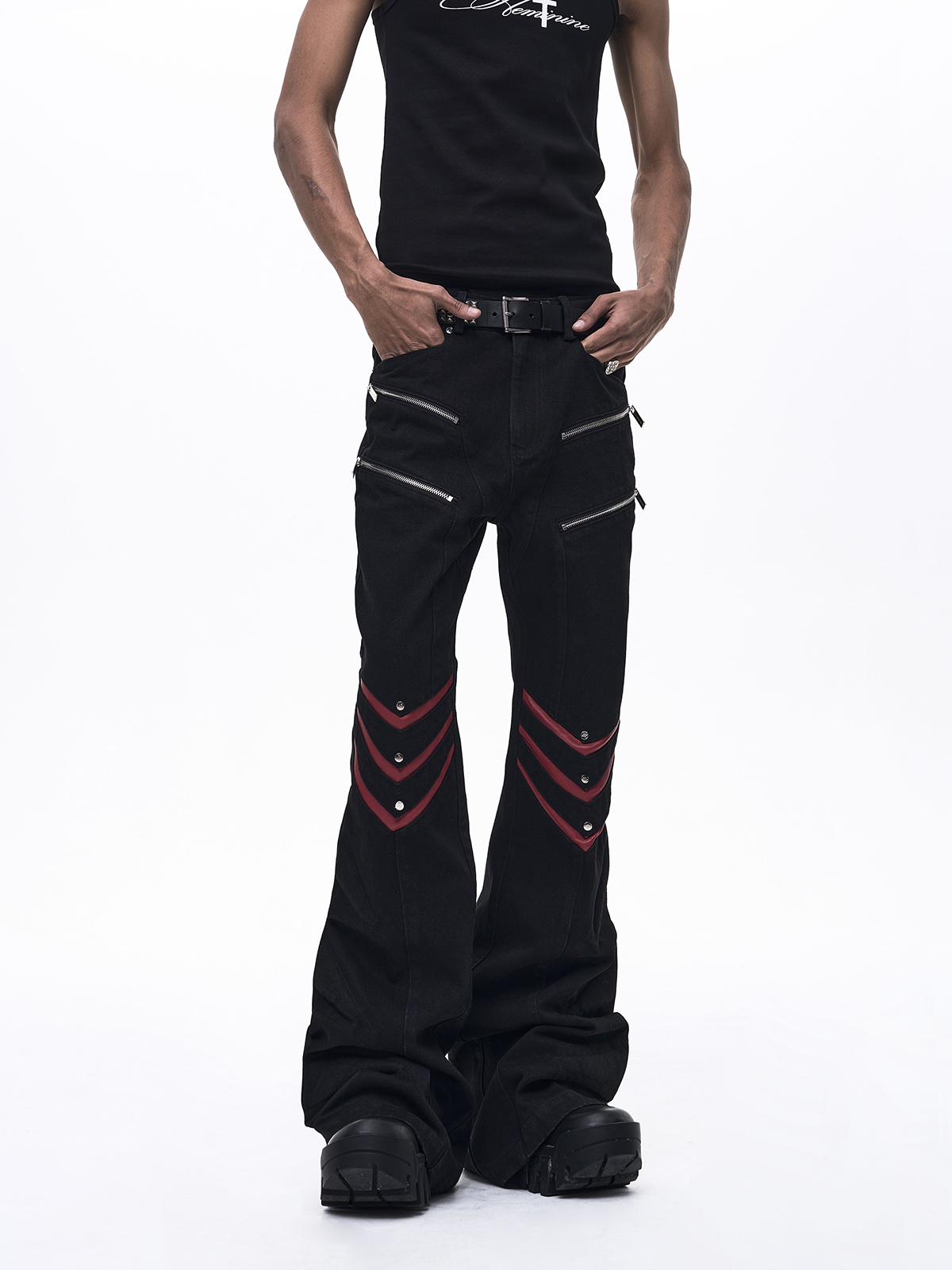 INDUSTRIAL ZIPPER LEATHER PATCHWORK FLARE JEANS-BLACK