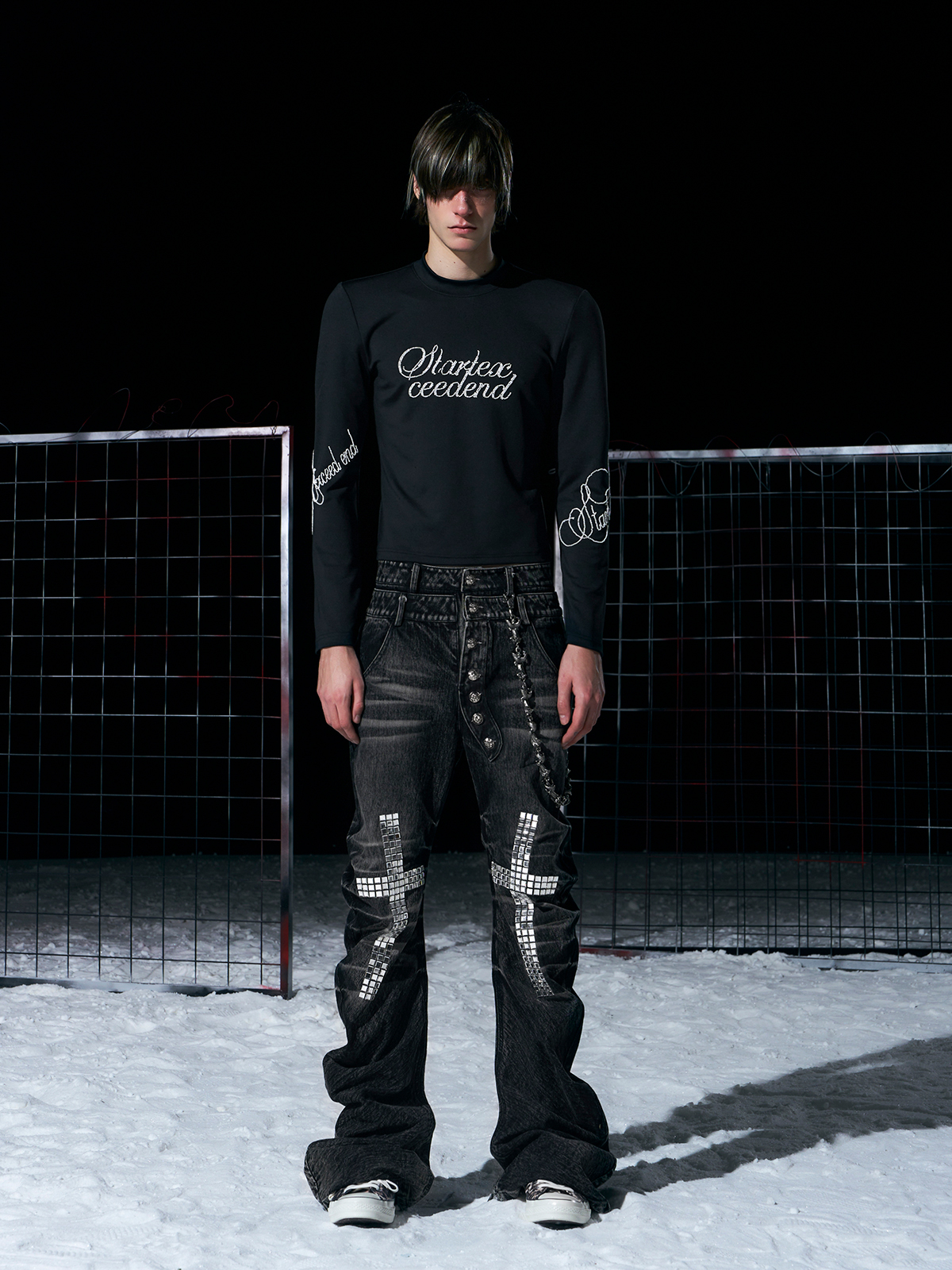 BLACK RHINESTONE SCRIPT MOCK NECK LONG SLEEVE