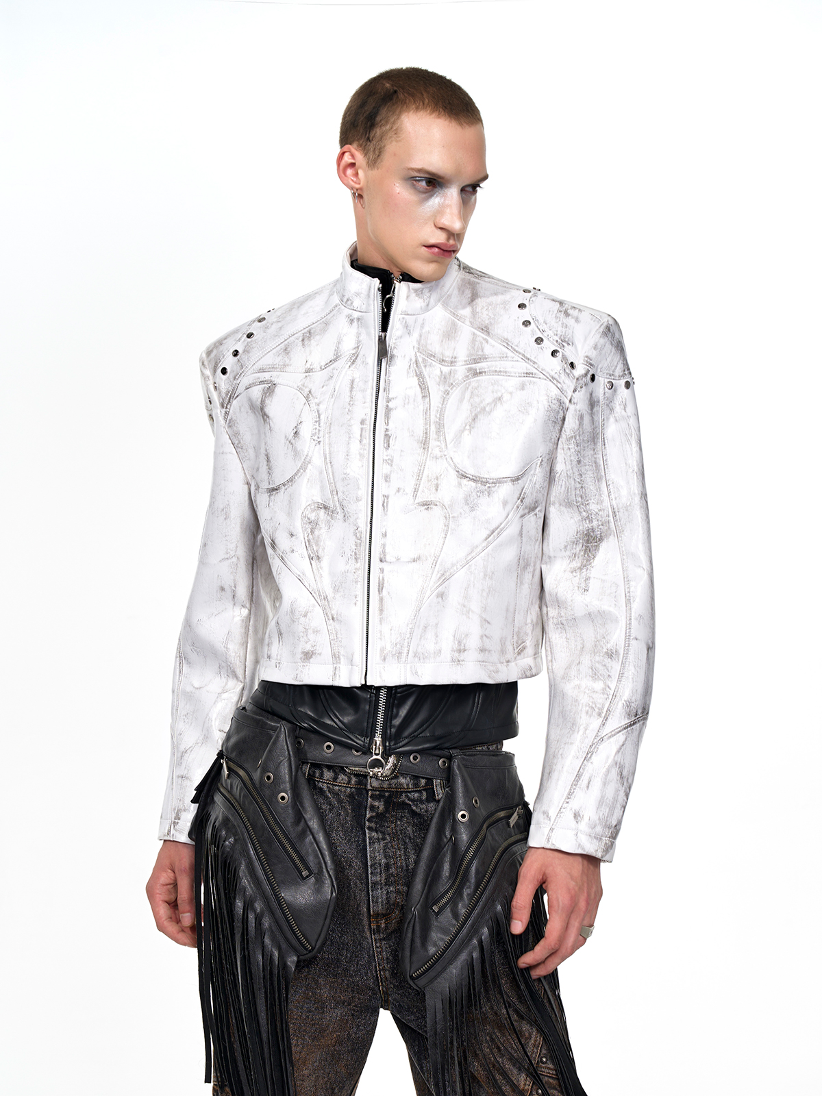 CROPPED STUDDED MOTO JACKET-DISTRESSED WHITE
