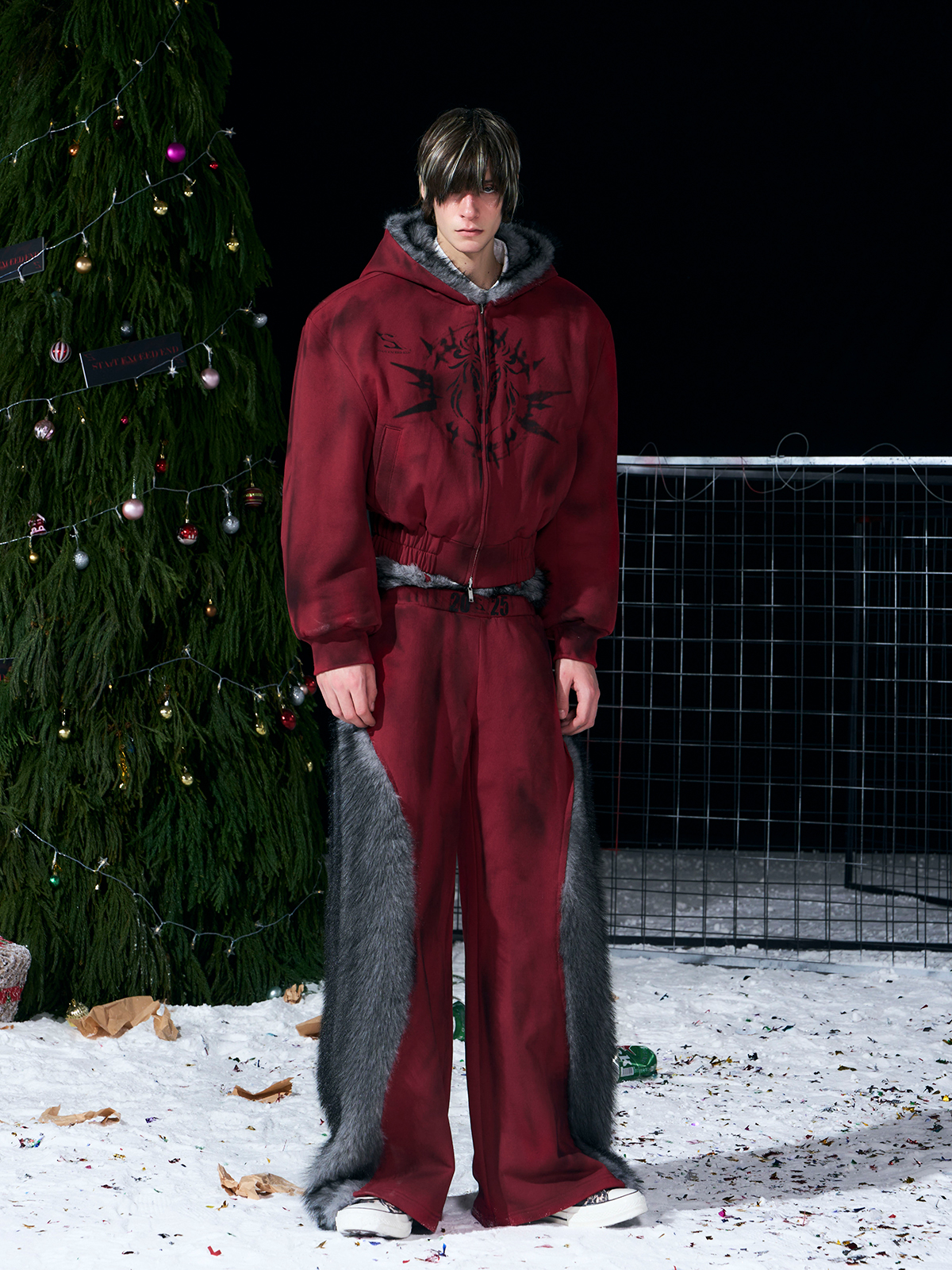 VINTAGE RED REVERSIBLE FUR HOODIE & FUR PANEL PANTS SET