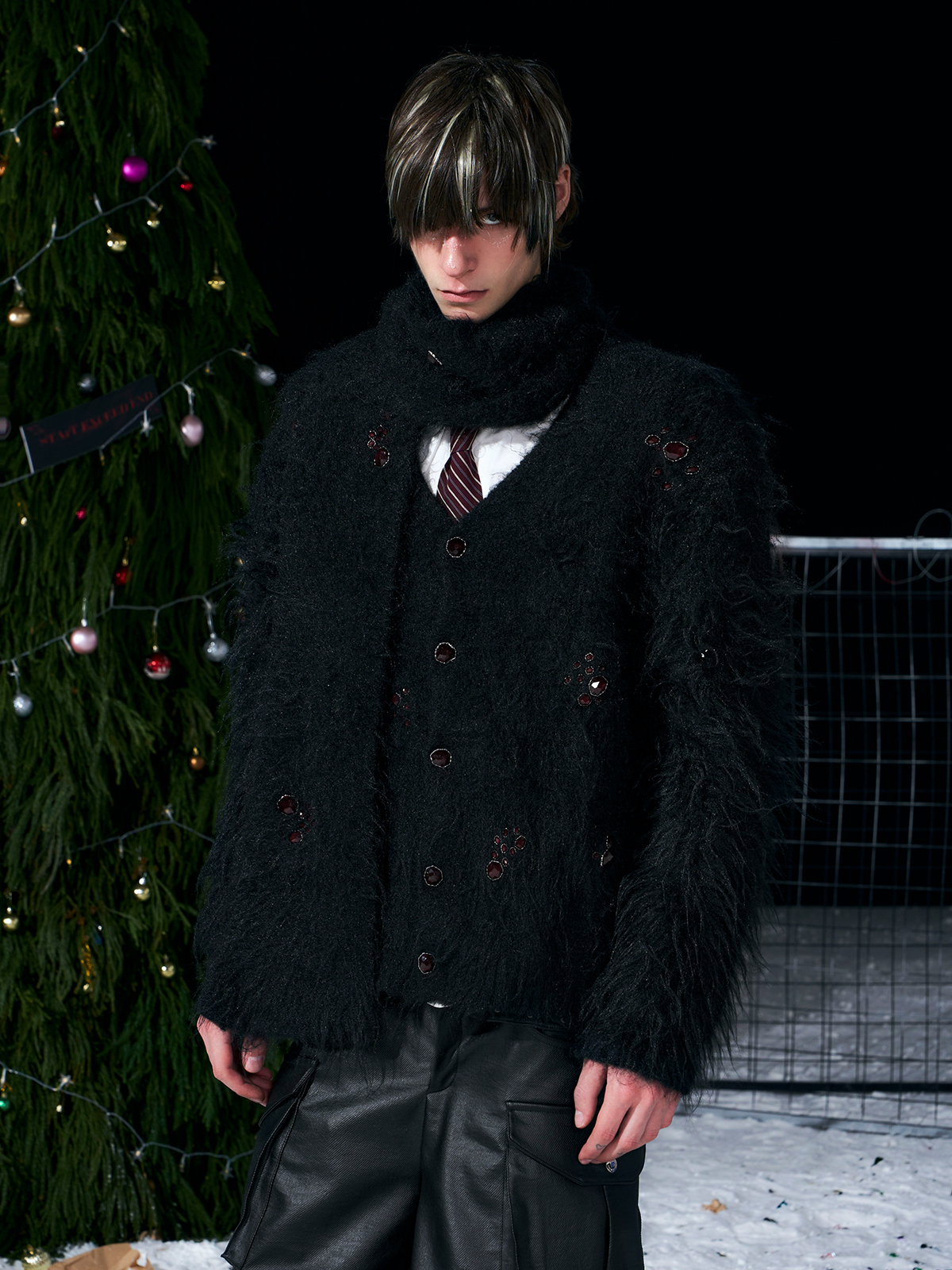 BLACK FUZZY MOHAIR CARDIGAN & SCARF SET
