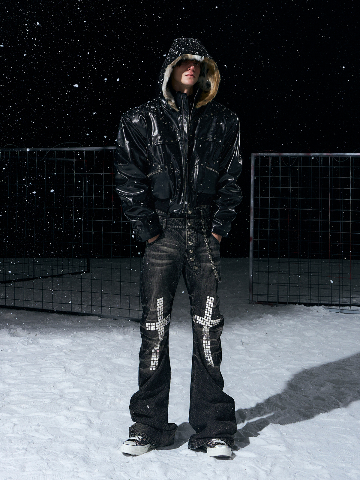 STUDDED FAUX LEATHER BOMBER WITH FUR-LINED HOOD