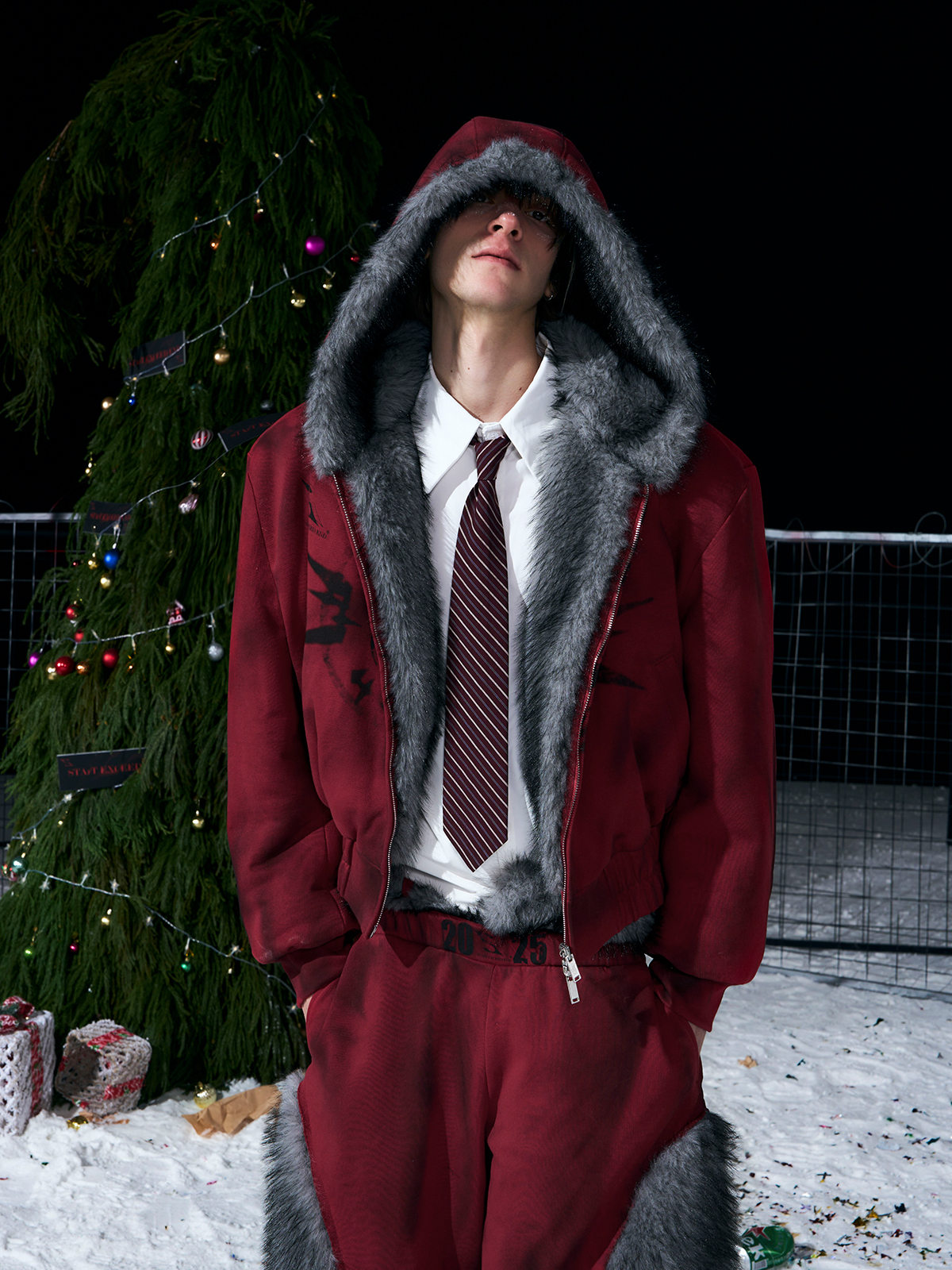 VINTAGE RED REVERSIBLE FUR HOODIE & FUR PANEL PANTS SET