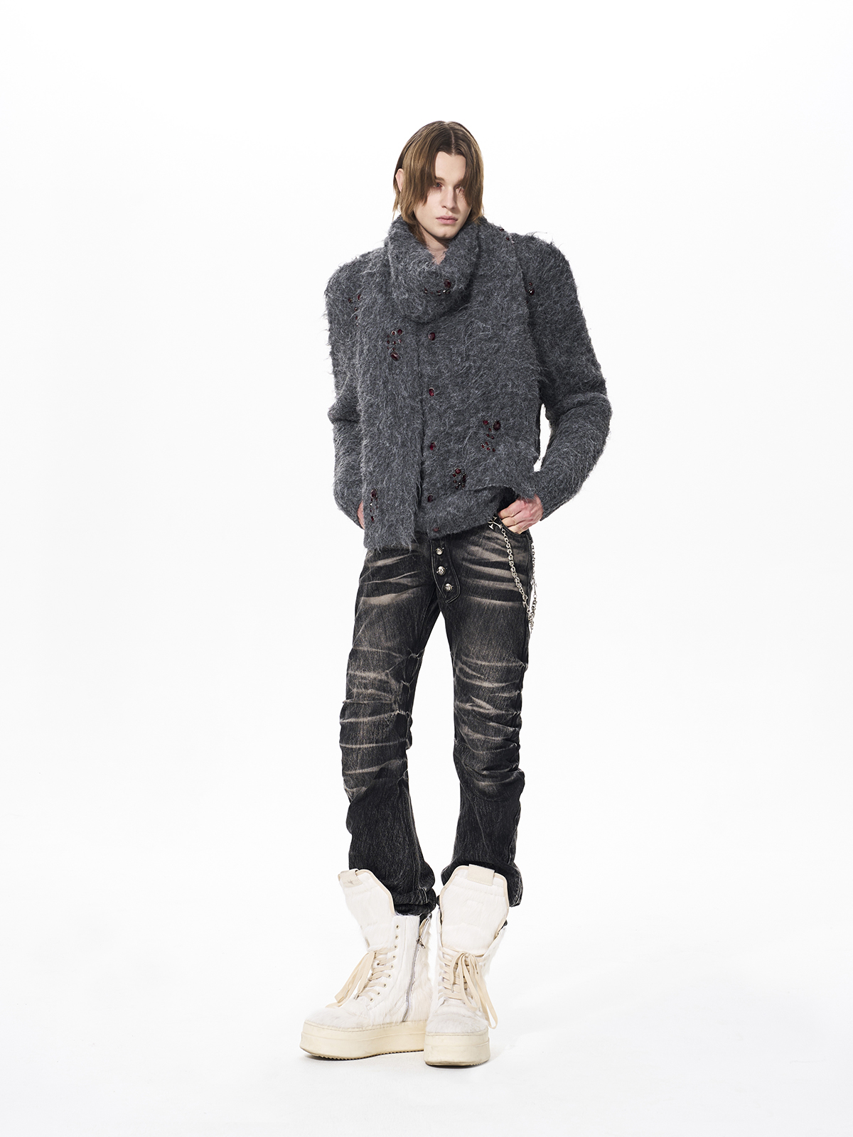 GEMSTONE SCATTERED SHAGGY MOHAIR CARDIGAN-GREY