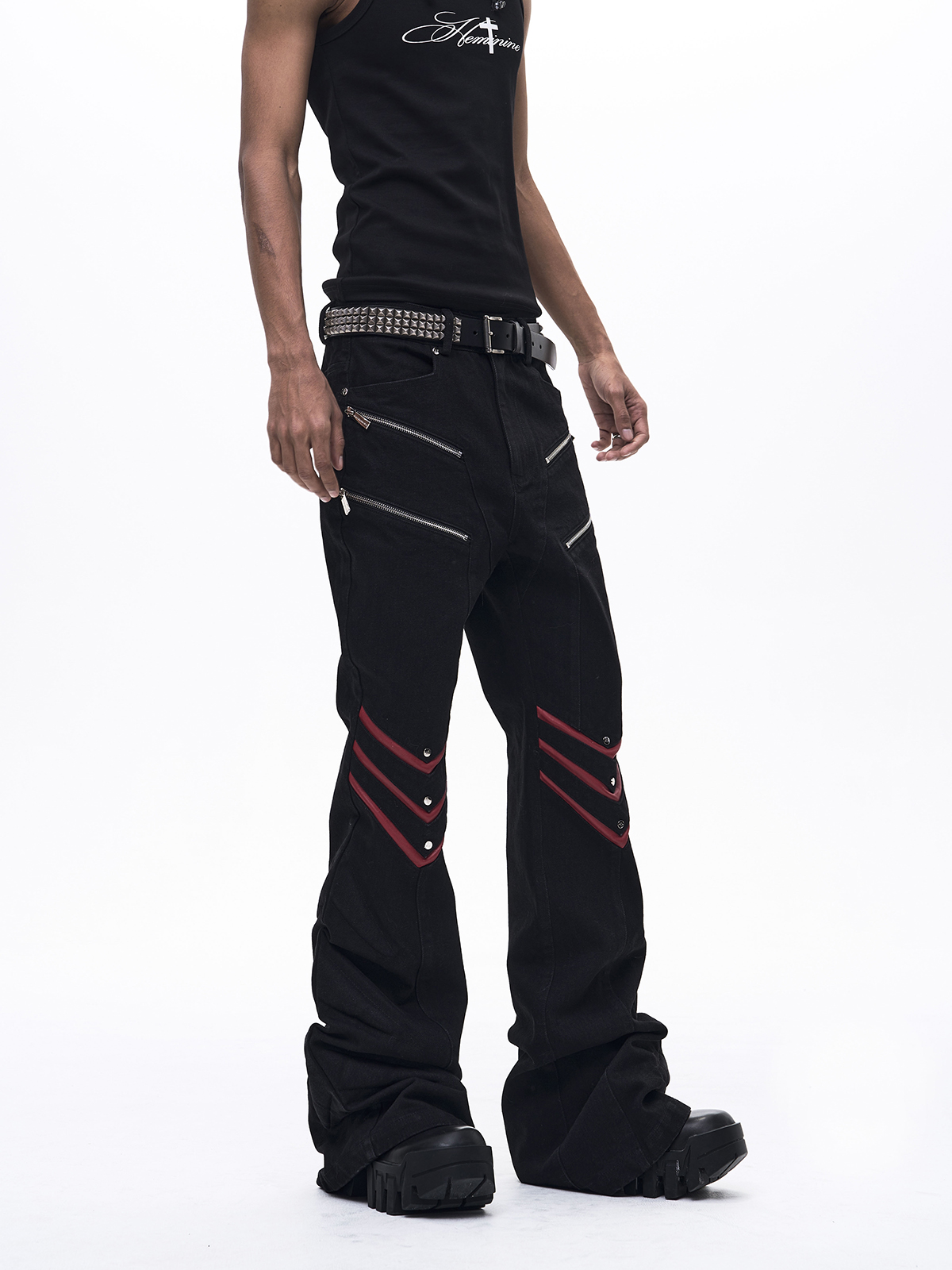INDUSTRIAL ZIPPER LEATHER PATCHWORK FLARE JEANS-BLACK
