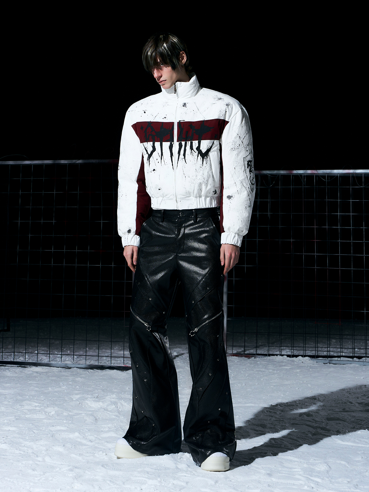 WHITE & BURGUNDY GRAFFITI SPLATTER BOMBER WITH KNIGHT PRINT