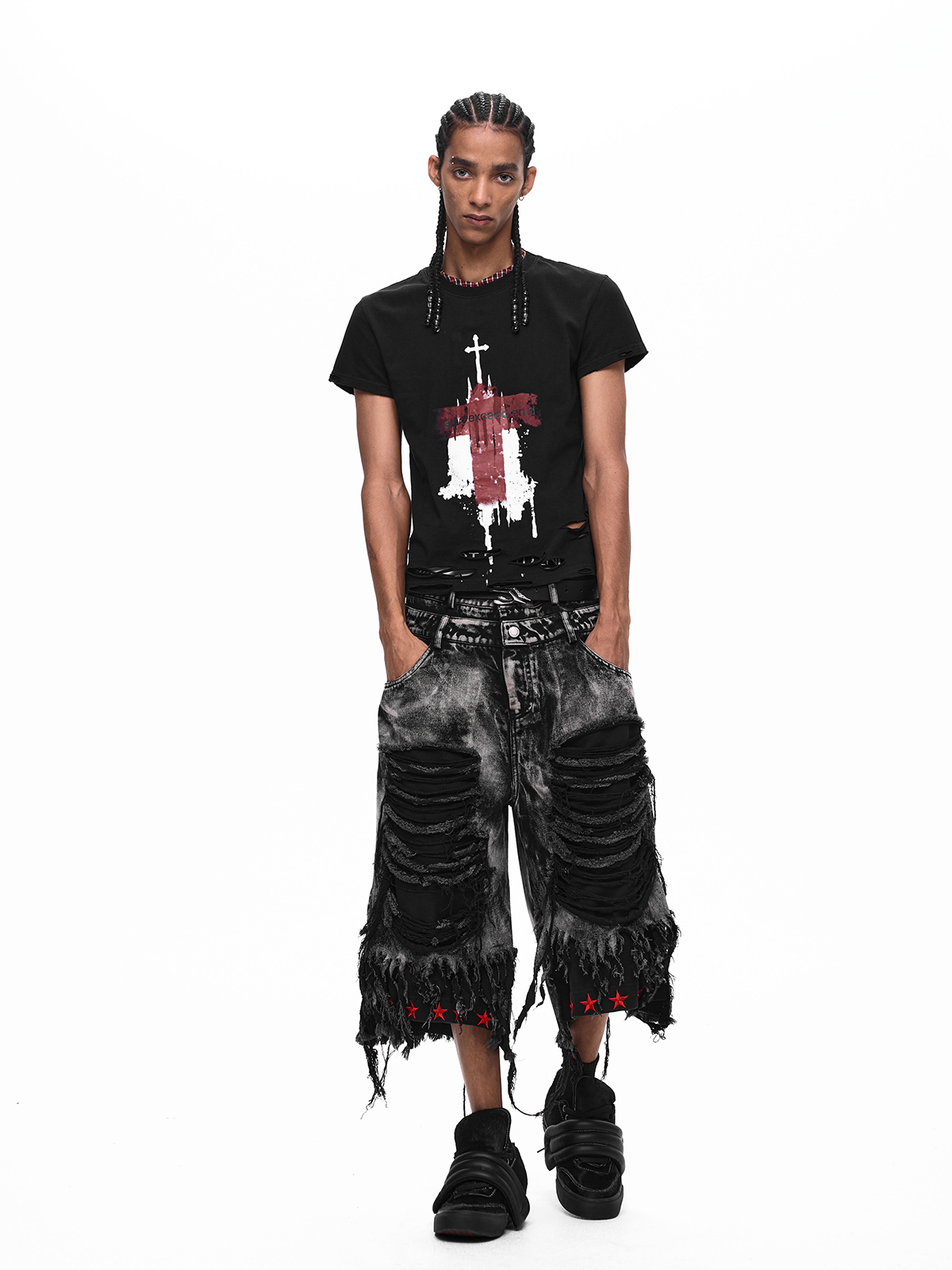 DOUBLE WAIST DISTRESSED FRINGE JORTS