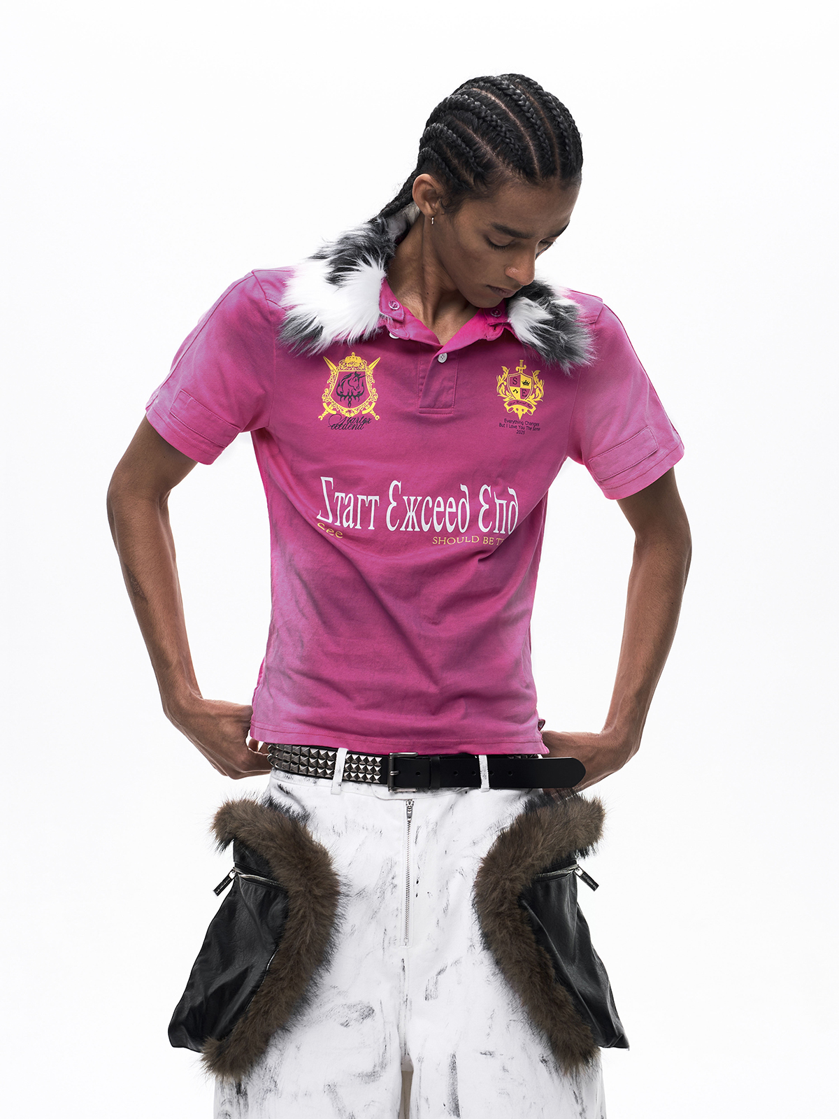 MUD WASH DISTRESSED FUR COLLAR T-SHIRT-ROSE RED