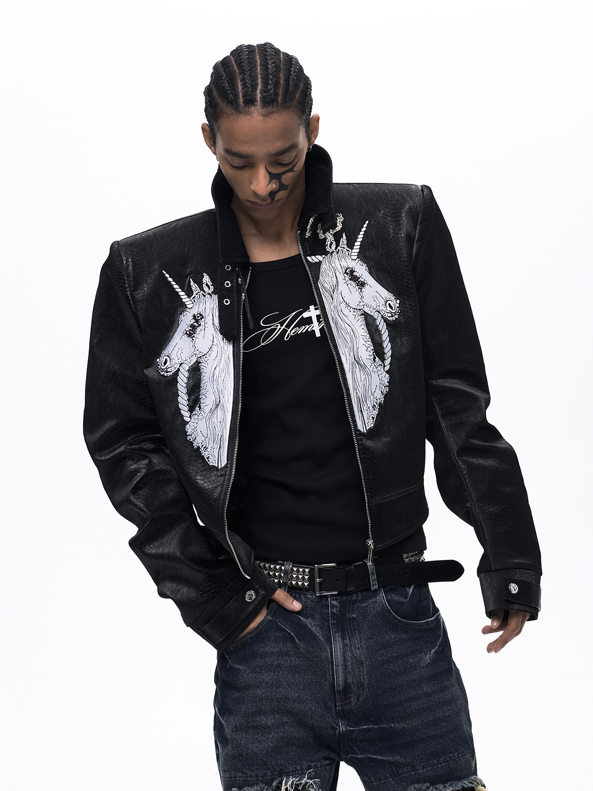 EMBROIDERED UNICORN STAND COLLAR LEATHER JACKET