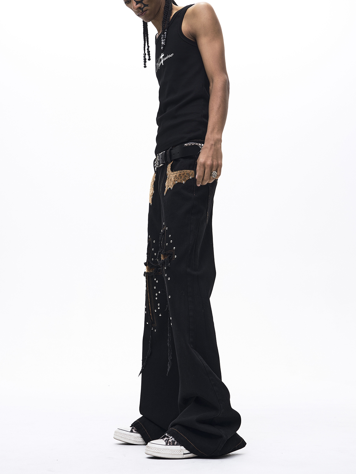 STUDDED LEOPARD CROSS PATCHWORK FLARED DENIM