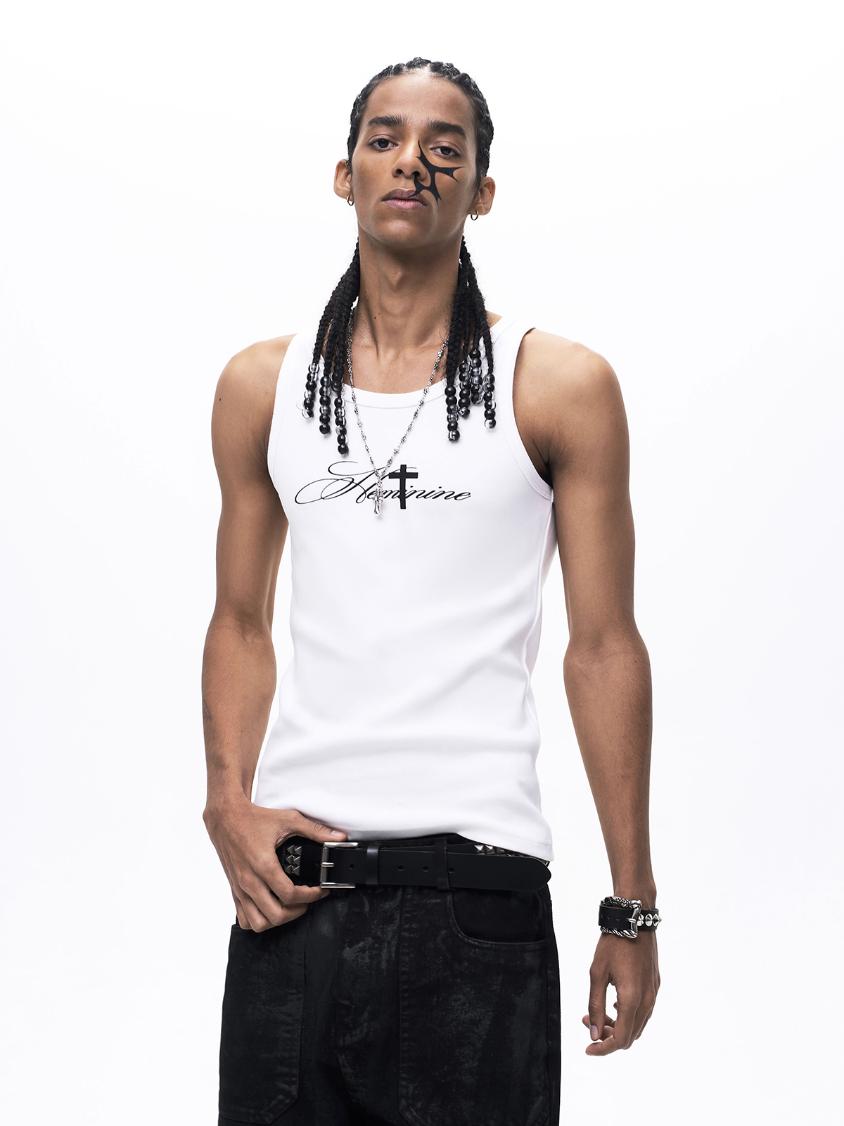 GOTHIC CROSS PRINT RIBBED TANK TOP-WHITE