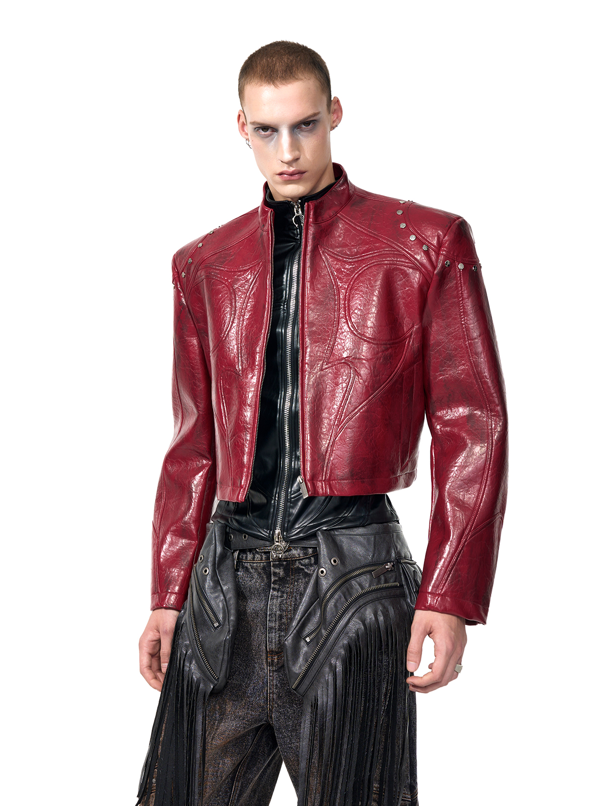 CROPPED STUDDED MOTO JACKET-CRINKLED RED