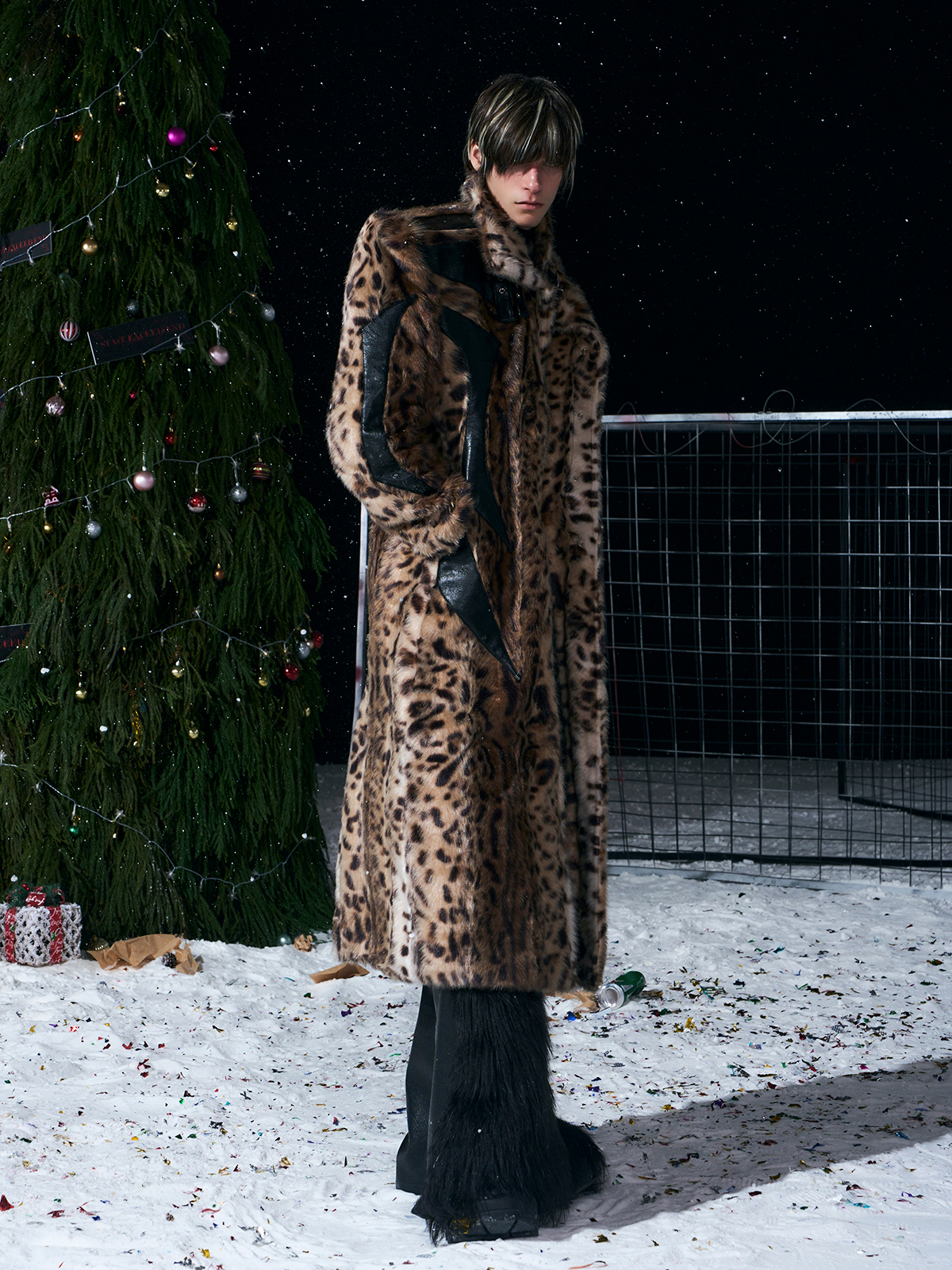 LEOPARD FAUX FUR LEATHER-PANEL MAXI COAT