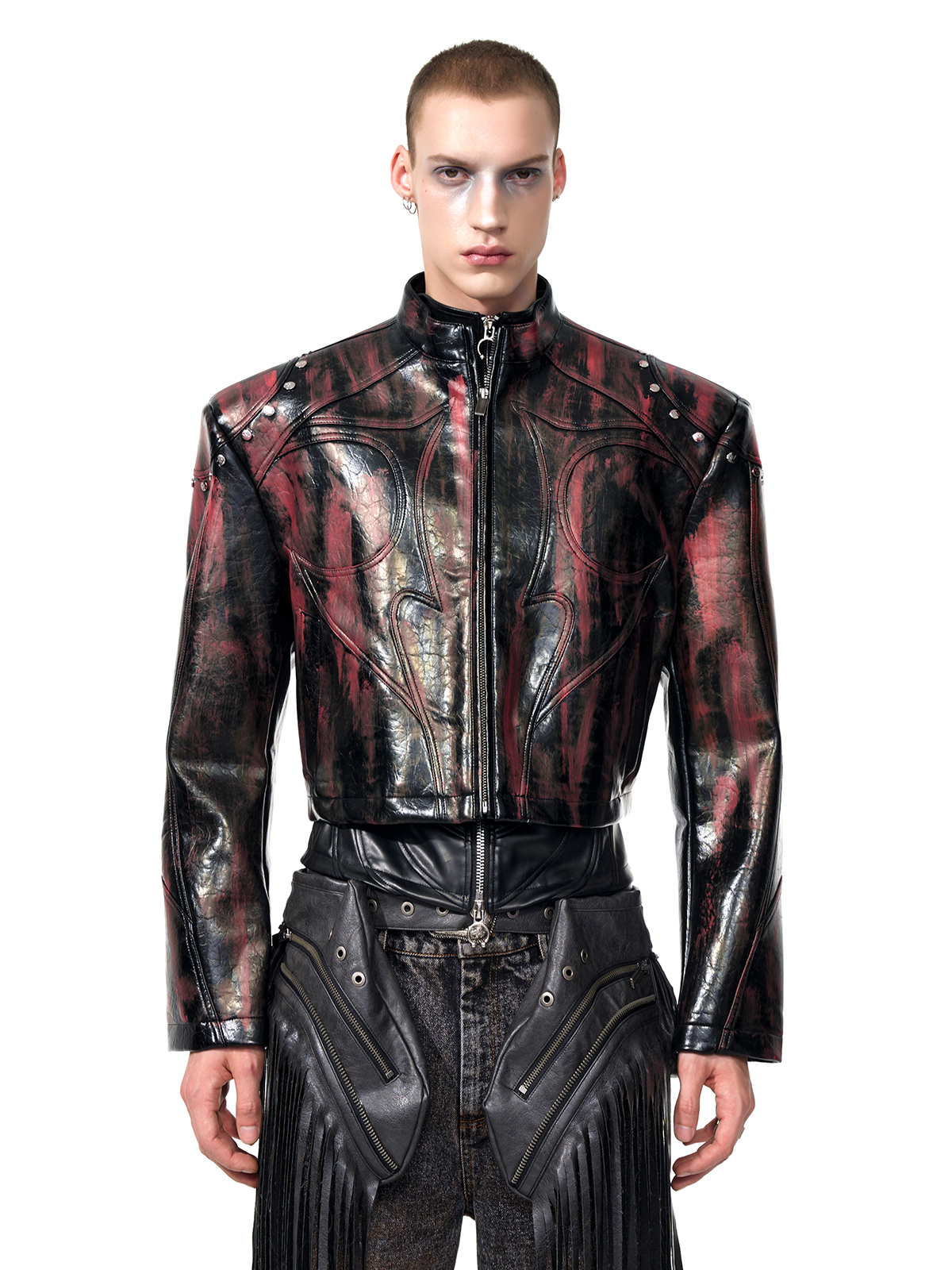 CROPPED STUDDED MOTO JACKET-BRUSHED BLACK/RED