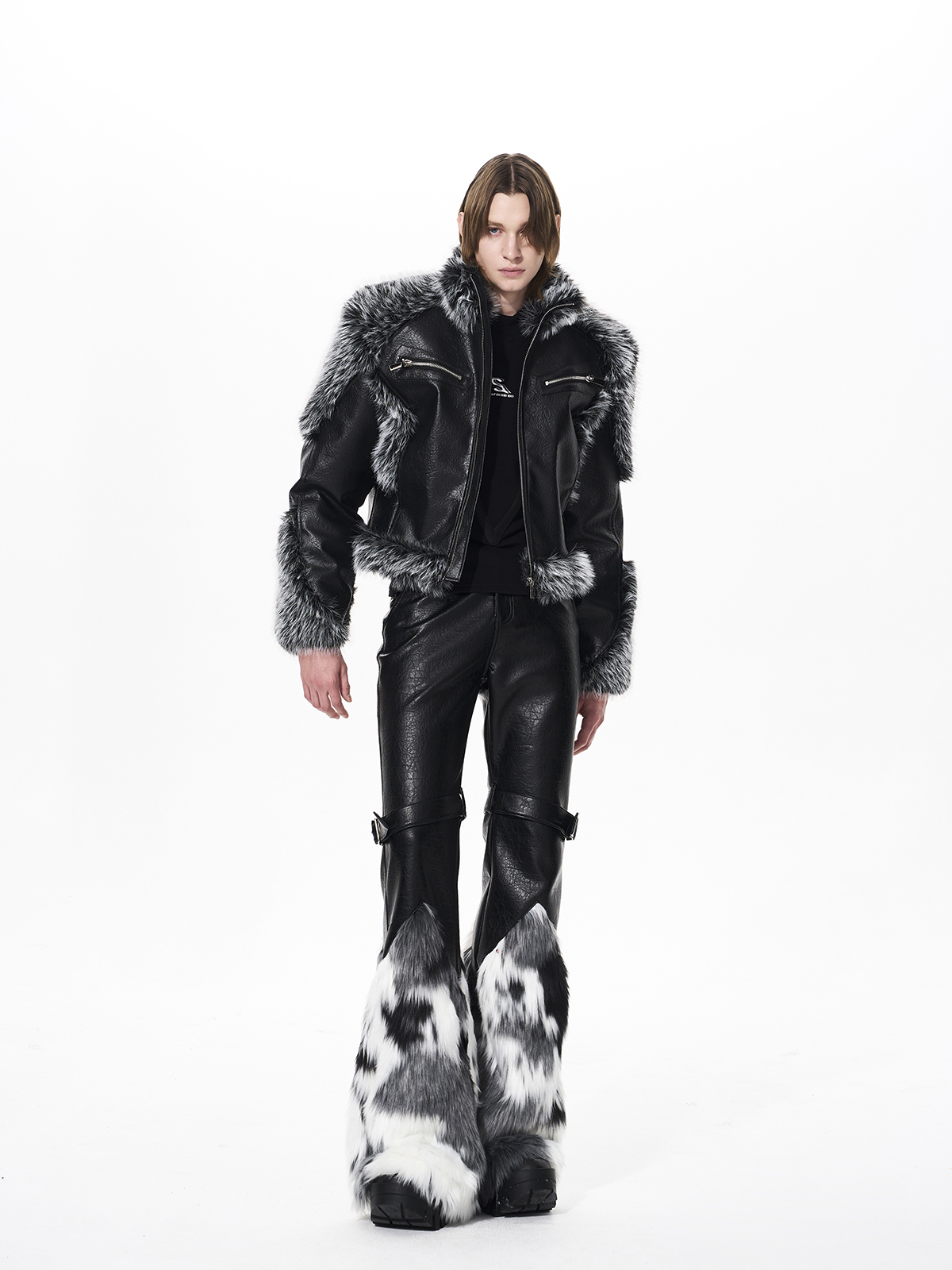 FAUX FUR SPLICED BUCKLE STRAP FLARED LEATHER PANTS