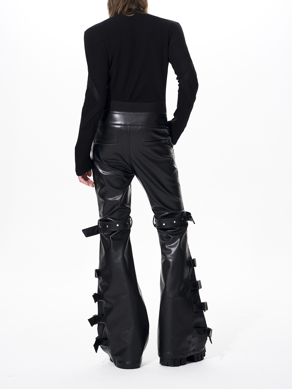 MULTI-BUCKLE STRAP RIVET FLARED PU LEATHER PANTS