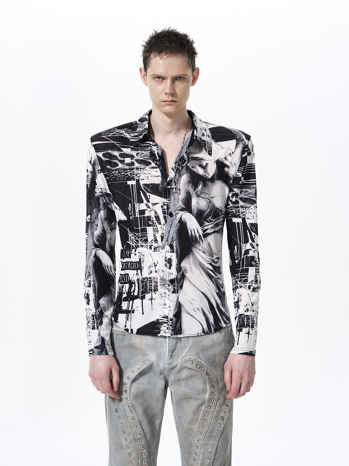 CLASSICAL FIGURE PRINT SHEER MESH SHIRT