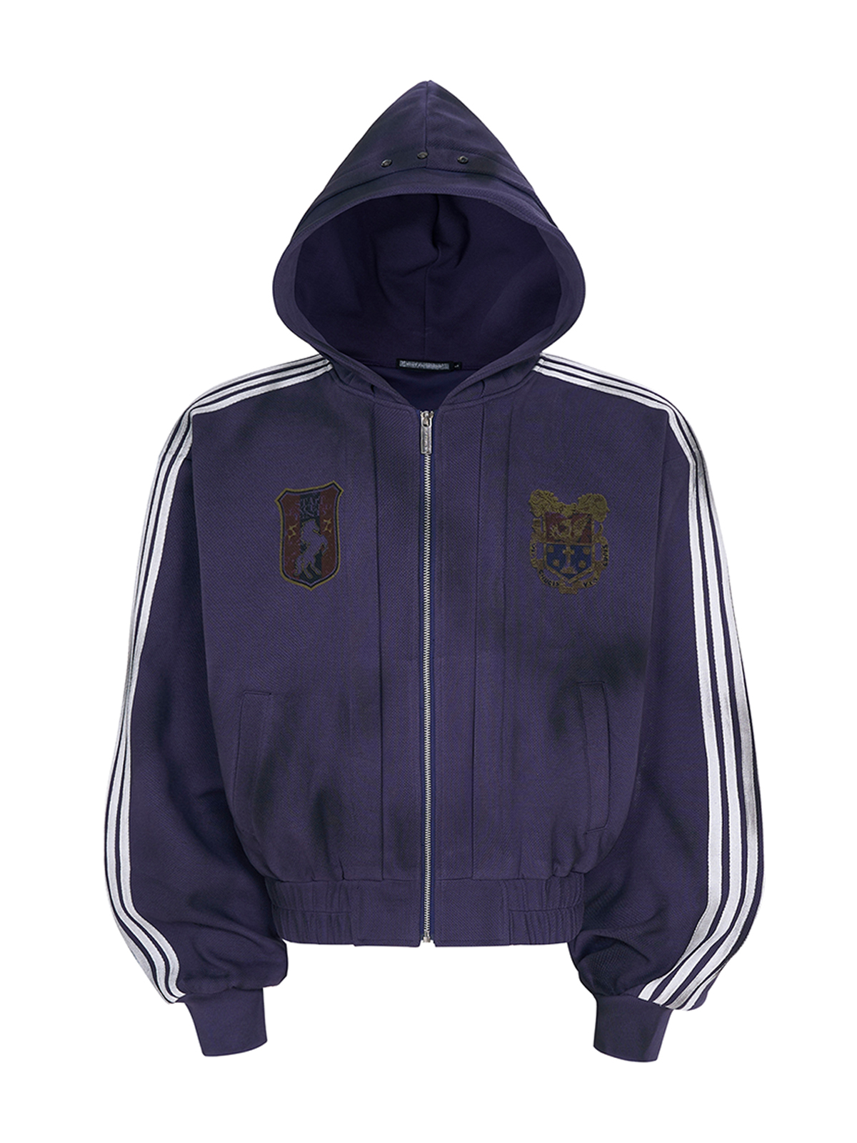 DISTRESSED MOTO BADGE 4-STRIPE TRACKSUIT SET-DEEP PURPLE