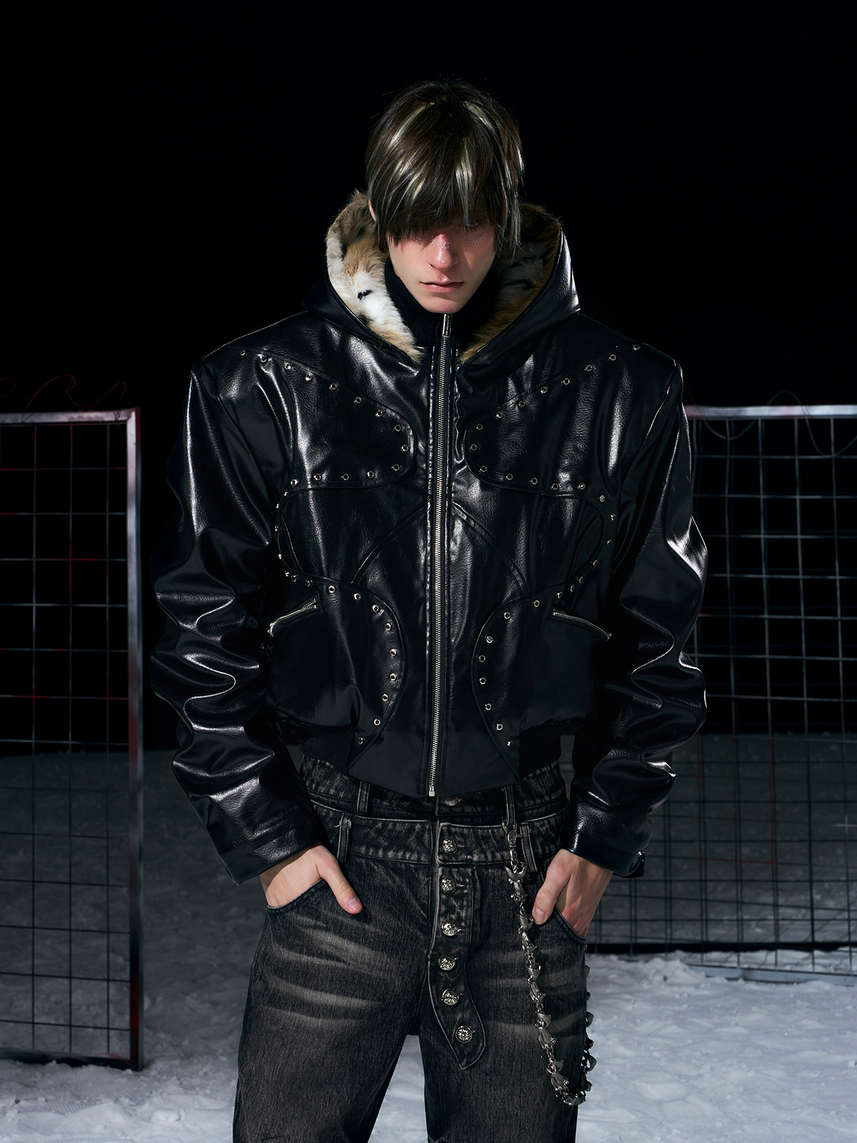 STUDDED FAUX LEATHER BOMBER WITH FUR-LINED HOOD