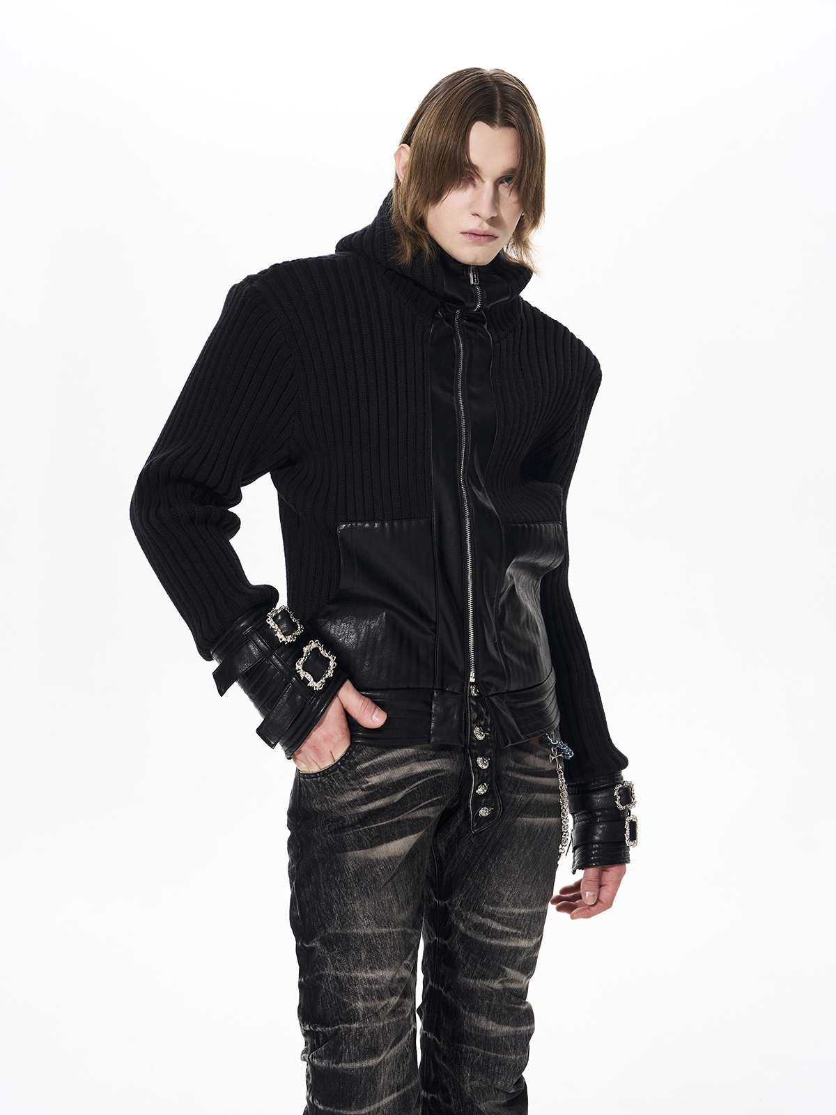 LEATHER PANEL BUCKLE CUFF RIBBED KNIT HOODIE