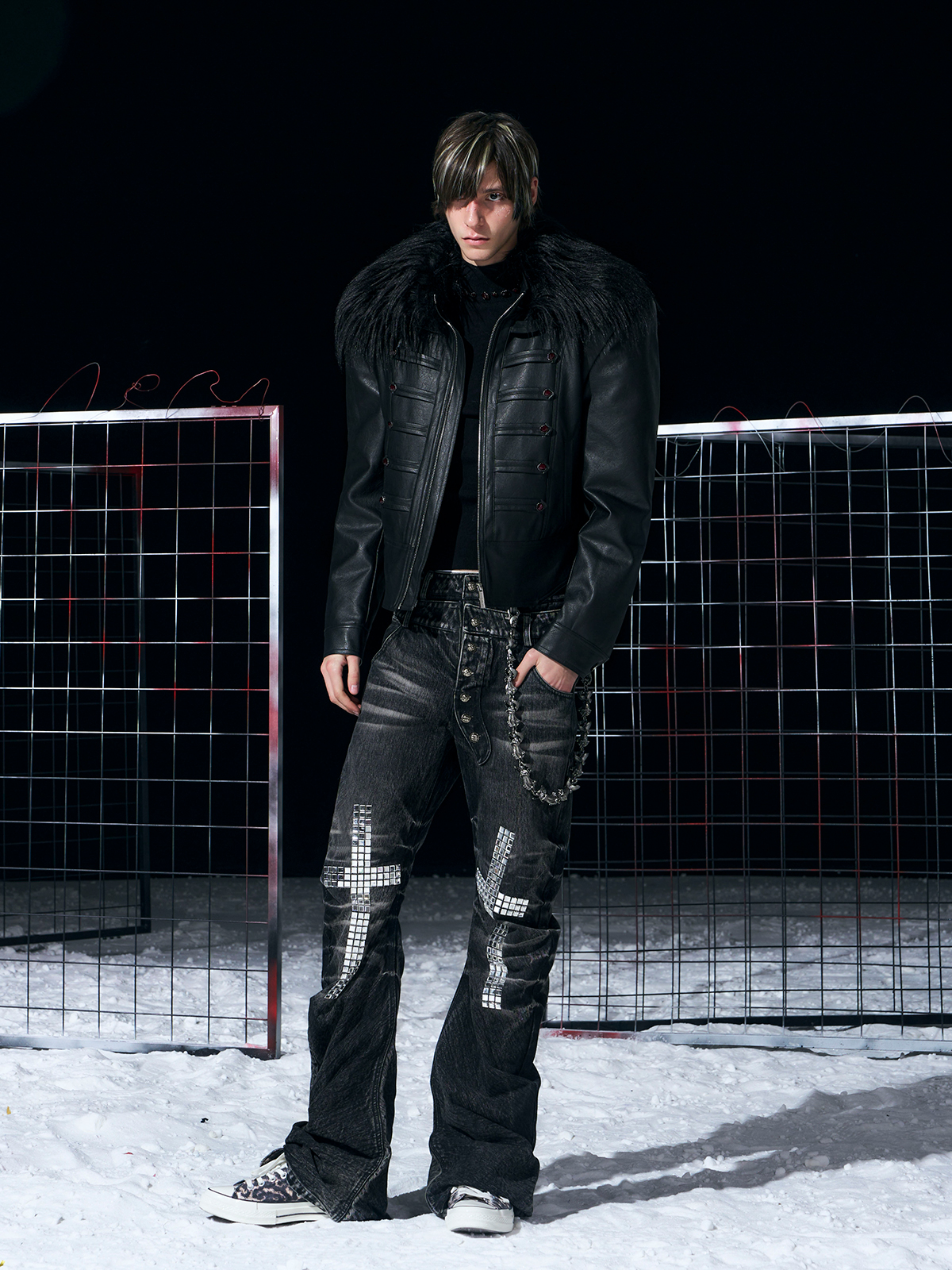 BLACK MILITARY HUSSAR JACKET WITH JEWEL BUTTONS & FUR COLLAR