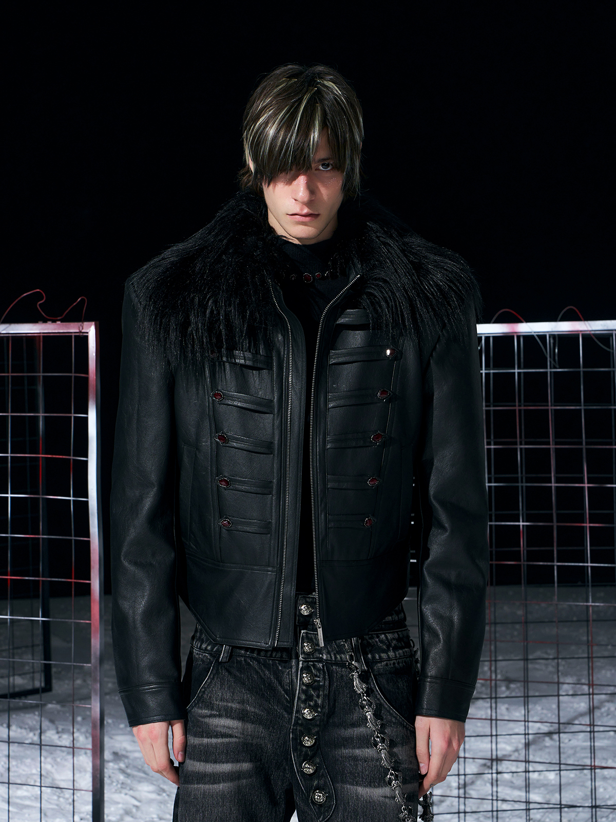 BLACK MILITARY HUSSAR JACKET WITH JEWEL BUTTONS & FUR COLLAR