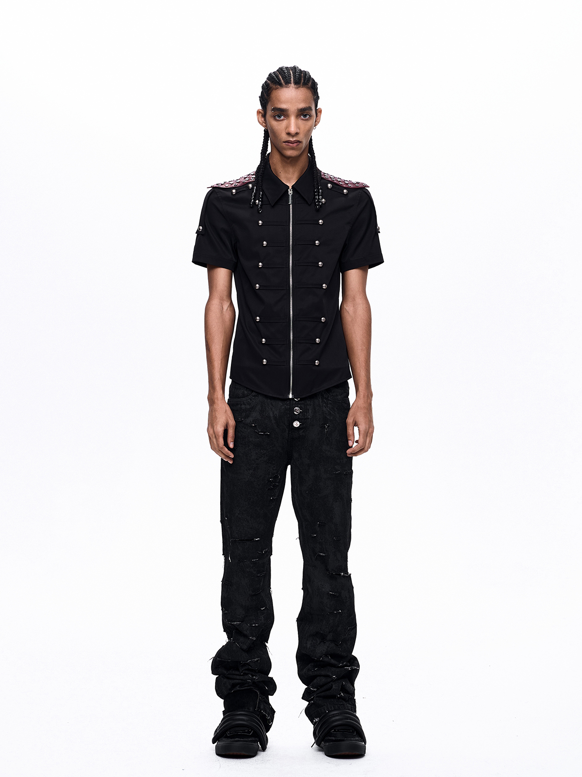 MEDIEVAL STUDDED LEATHER-PANEL ZIP SHIRT