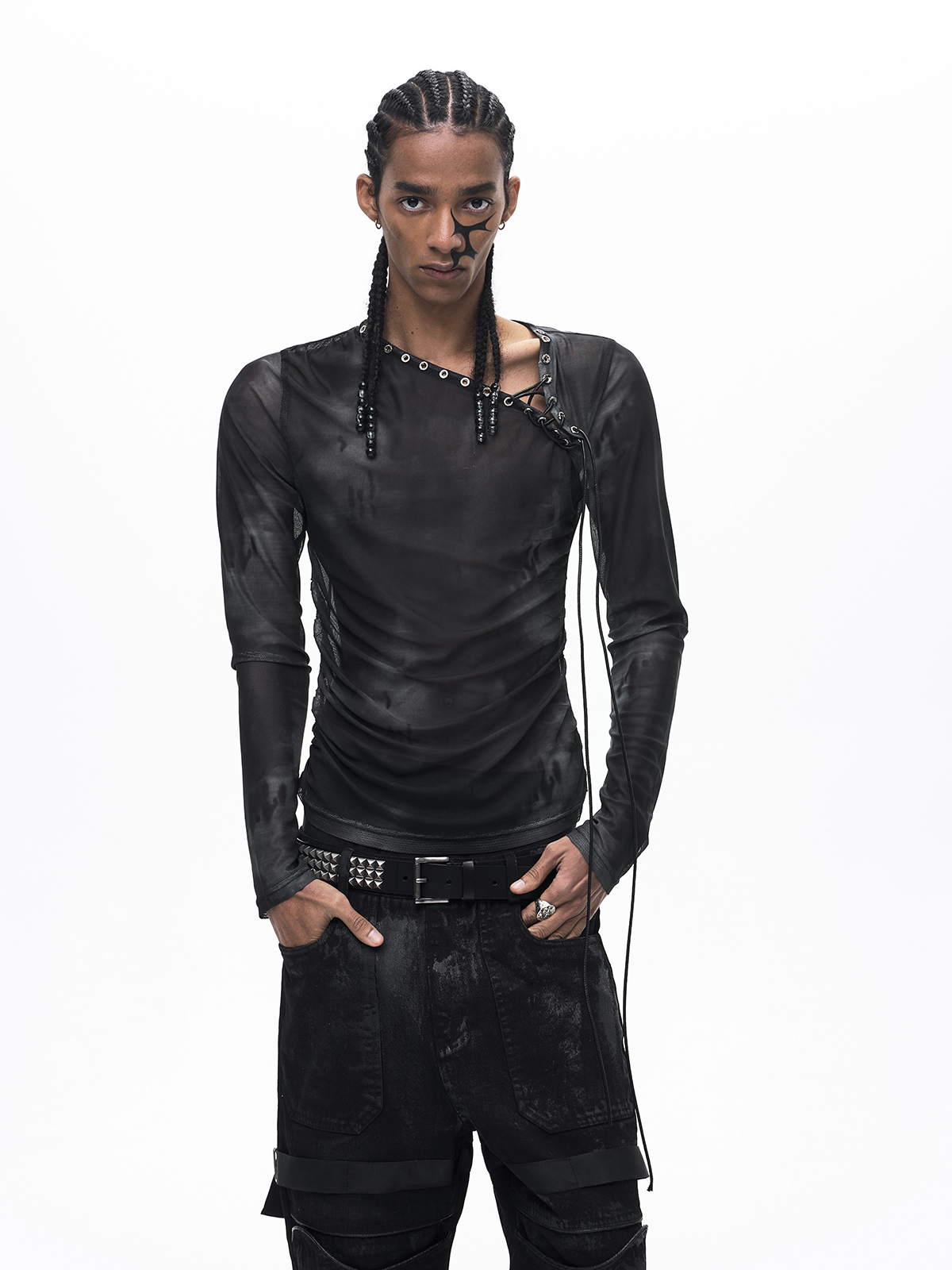 ASYMMETRICAL LACE-UP SHEER MESH TOP-BLACK