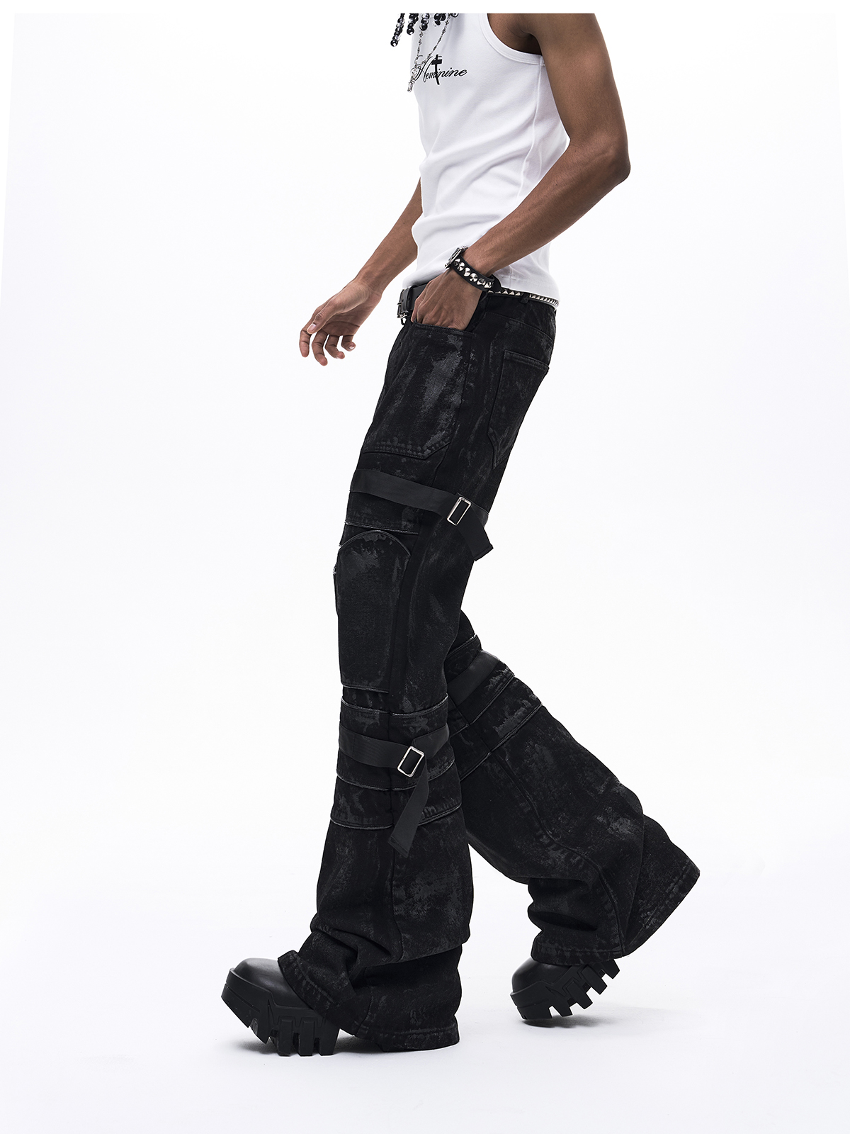 WAXED BONDAGE SLIGHT FLARE DENIM-BLACK