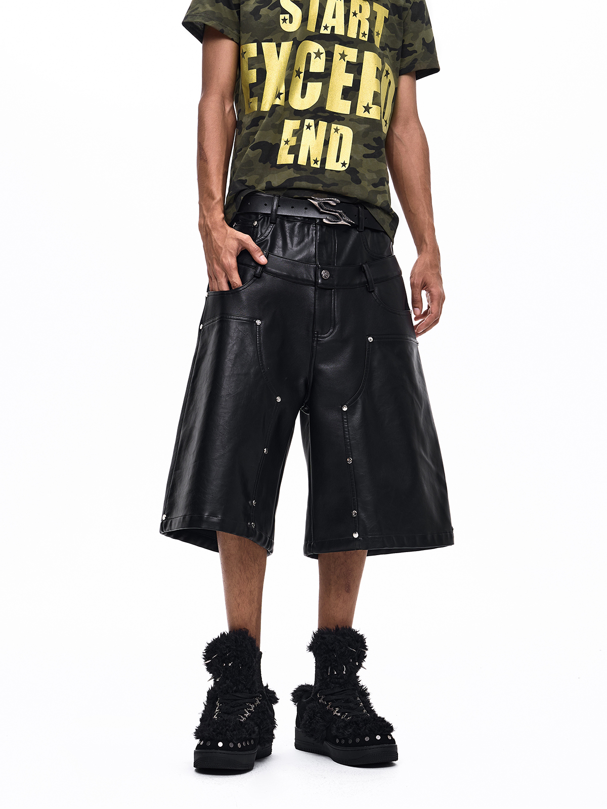 DOUBLE WAIST STUDDED CROSS PU LEATHER JORTS