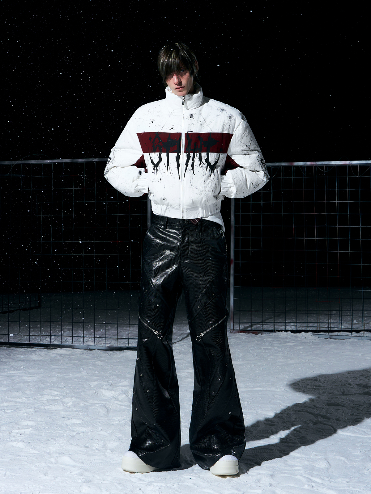 WHITE & BURGUNDY GRAFFITI SPLATTER BOMBER WITH KNIGHT PRINT