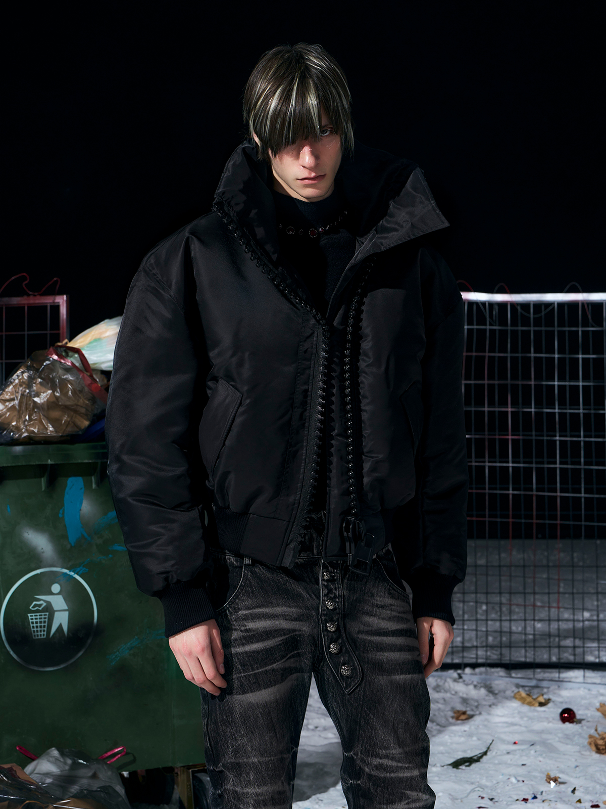 Heavy-Zip High-Collar Down Jacket-Black