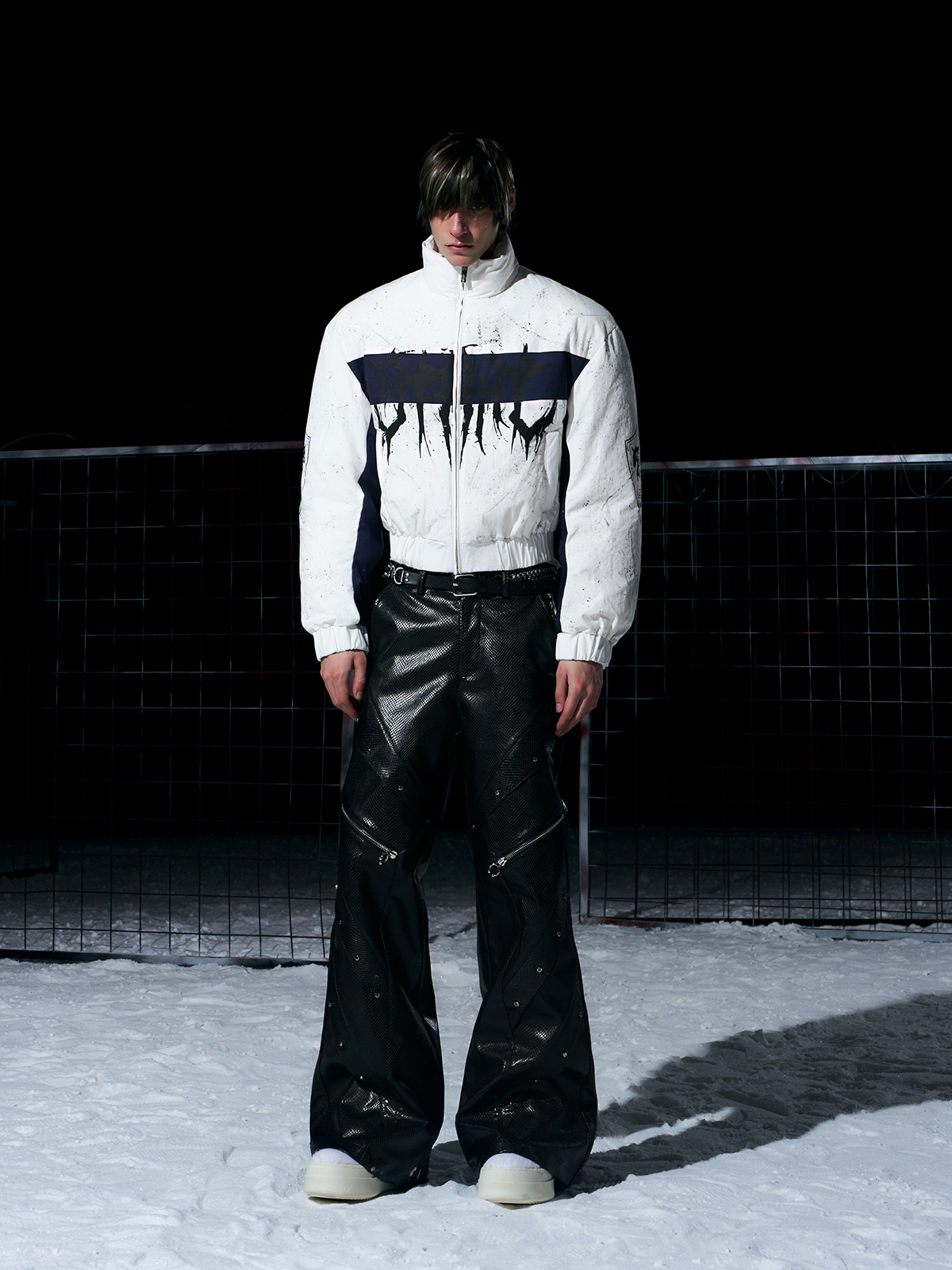 WHITE & NAVY GRAFFITI SPLATTER BOMBER WITH KNIGHT PRINT