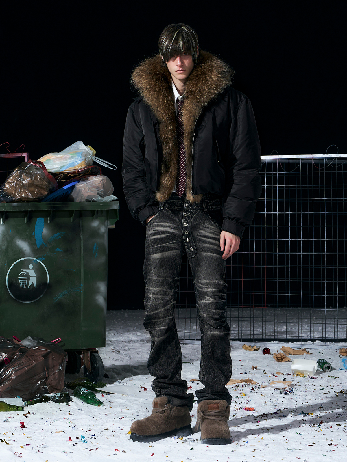 Luxe Detachable Fur Collar Down Bomber-Black