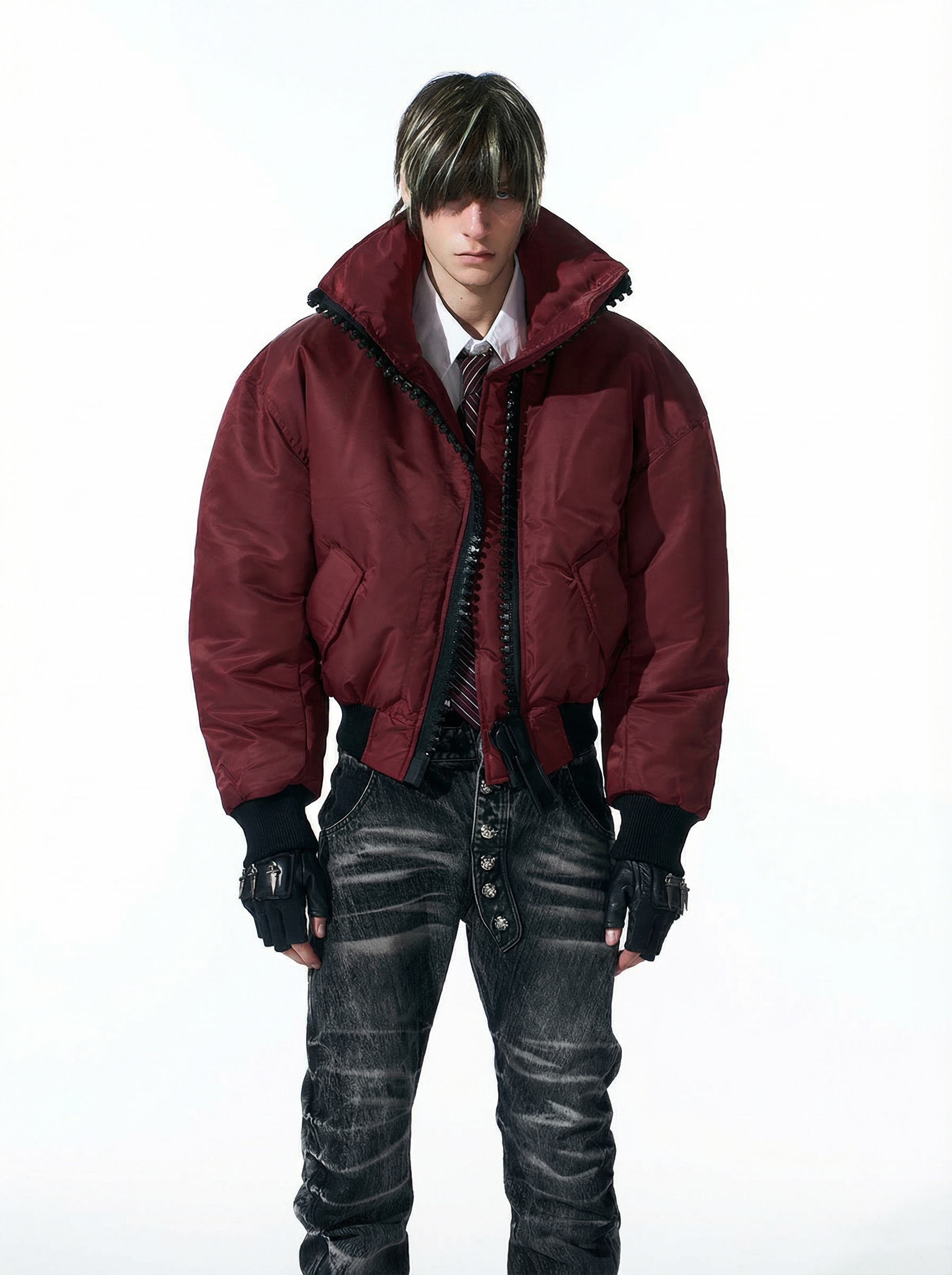 Heavy-Zip High-Collar Down Jacket-Burgundy
