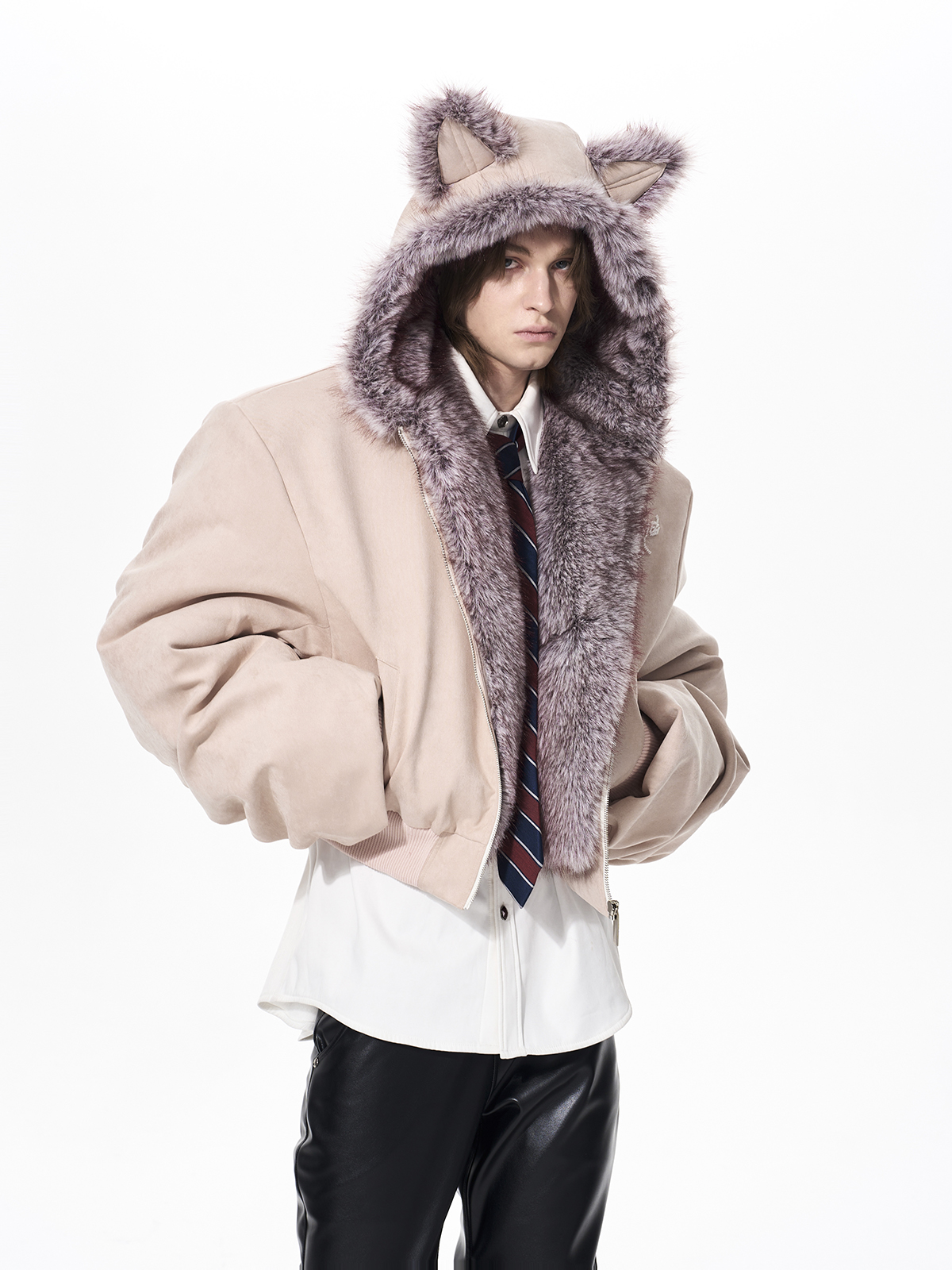 RABBIT EAR PADDED SUEDE JACKET-PINK