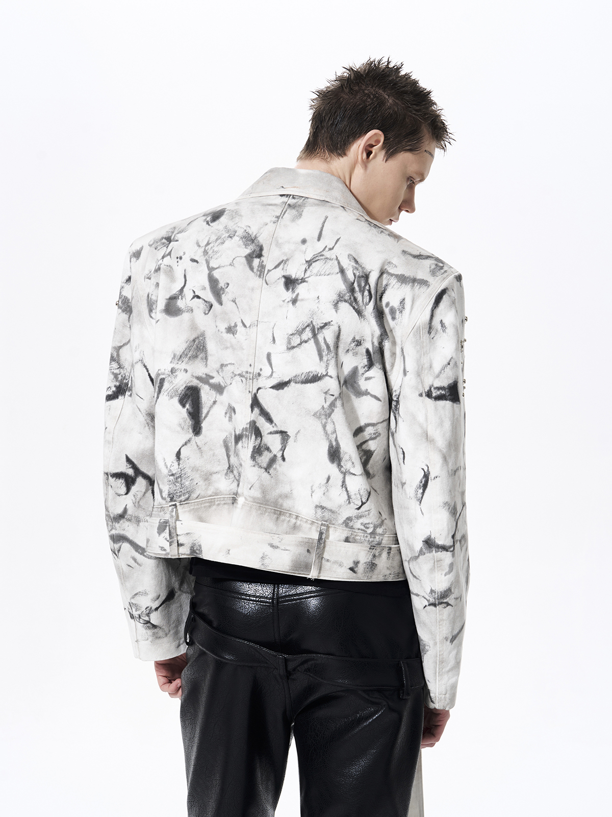 DIRTY WASH STUDDED CROPPED BIKER DENIM JACKET