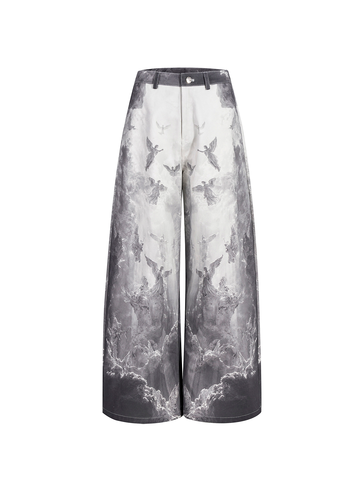 RENAISSANCE ANGEL PRINT LOW WAIST WIDE LEG JEANS
