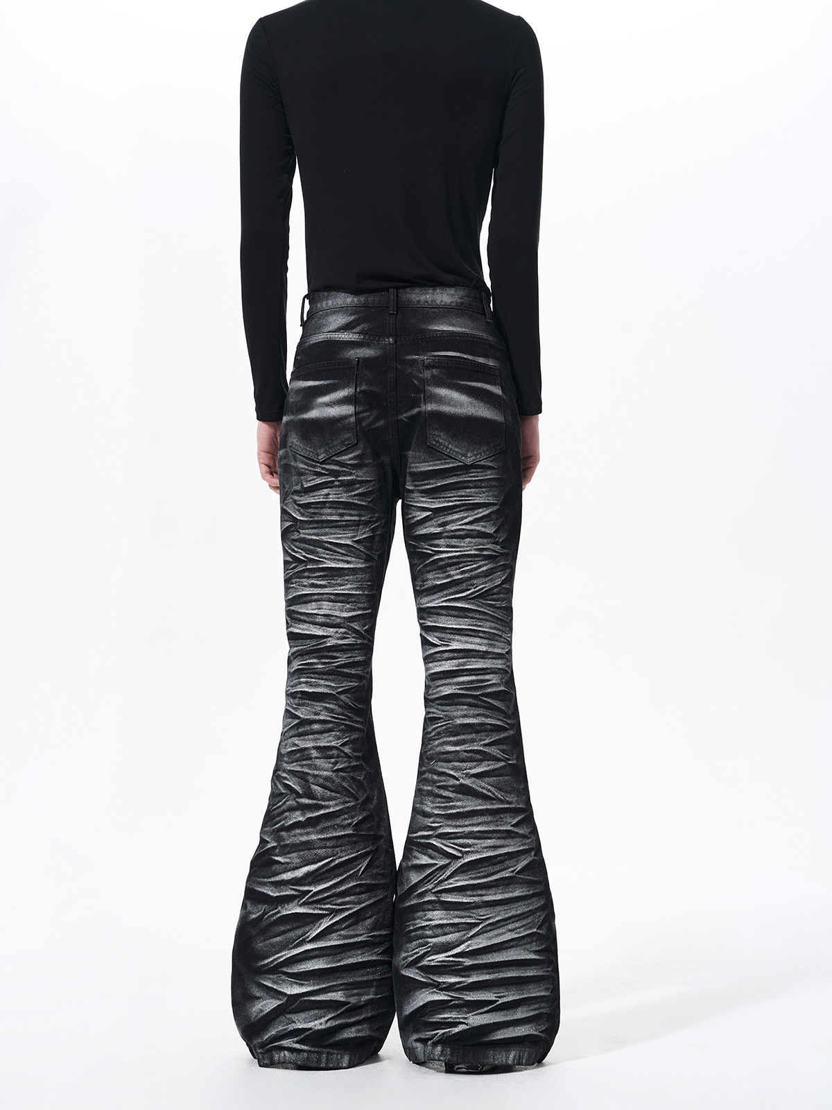 METALLIC COATED RIPPLE PLEATED FLARE DENIM