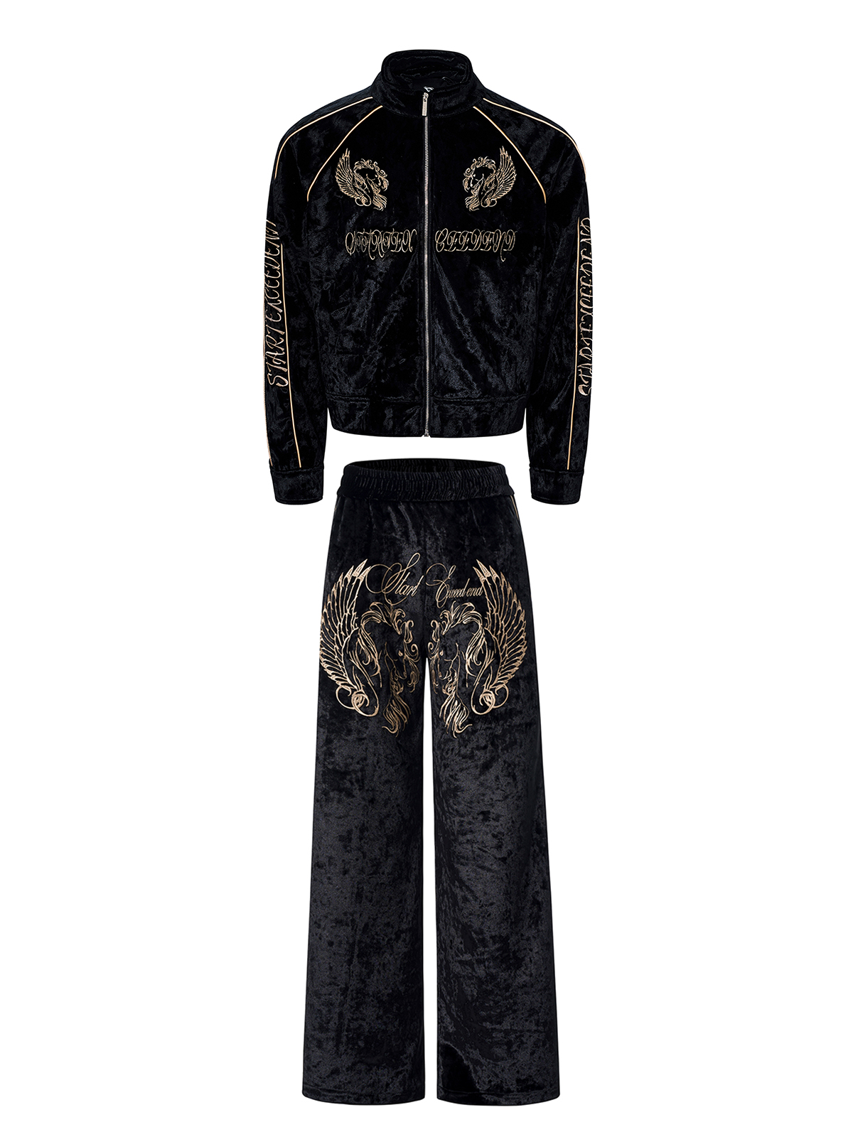 CRUSHED VELVET EMBROIDERED TRACKSUIT SET-BLACK