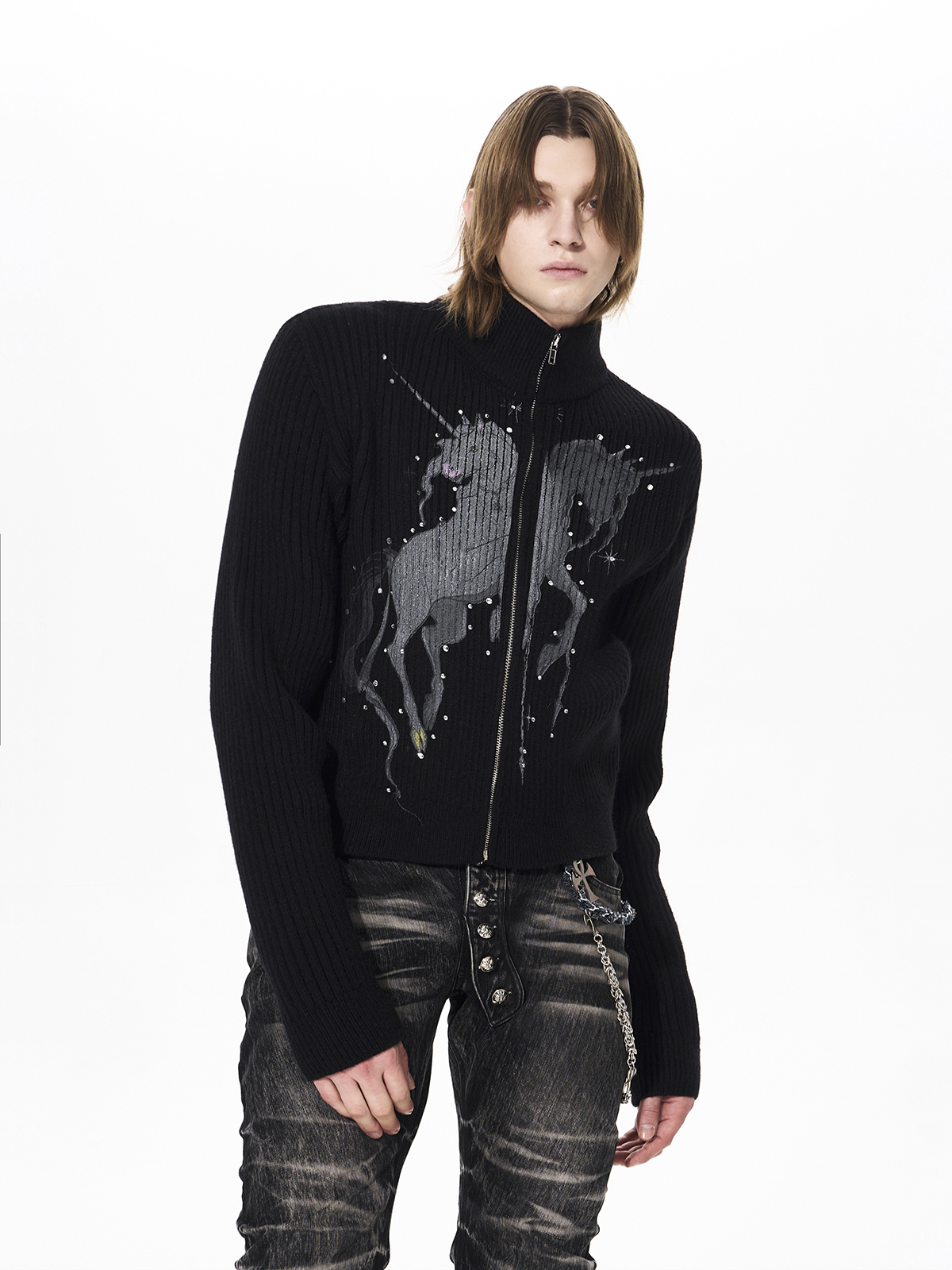 UNICORN GRAPHIC RIBBED ZIP-UP KNIT-BLACK