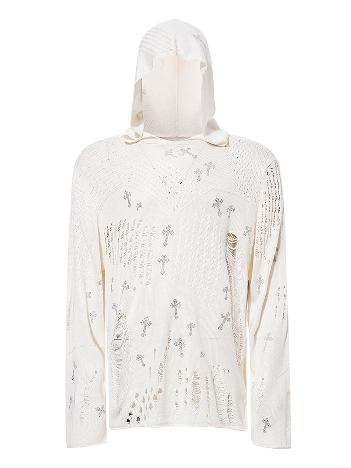 DISTRESSED CROSS RHINESTONE HOODED KNIT SWEATER-WHITE