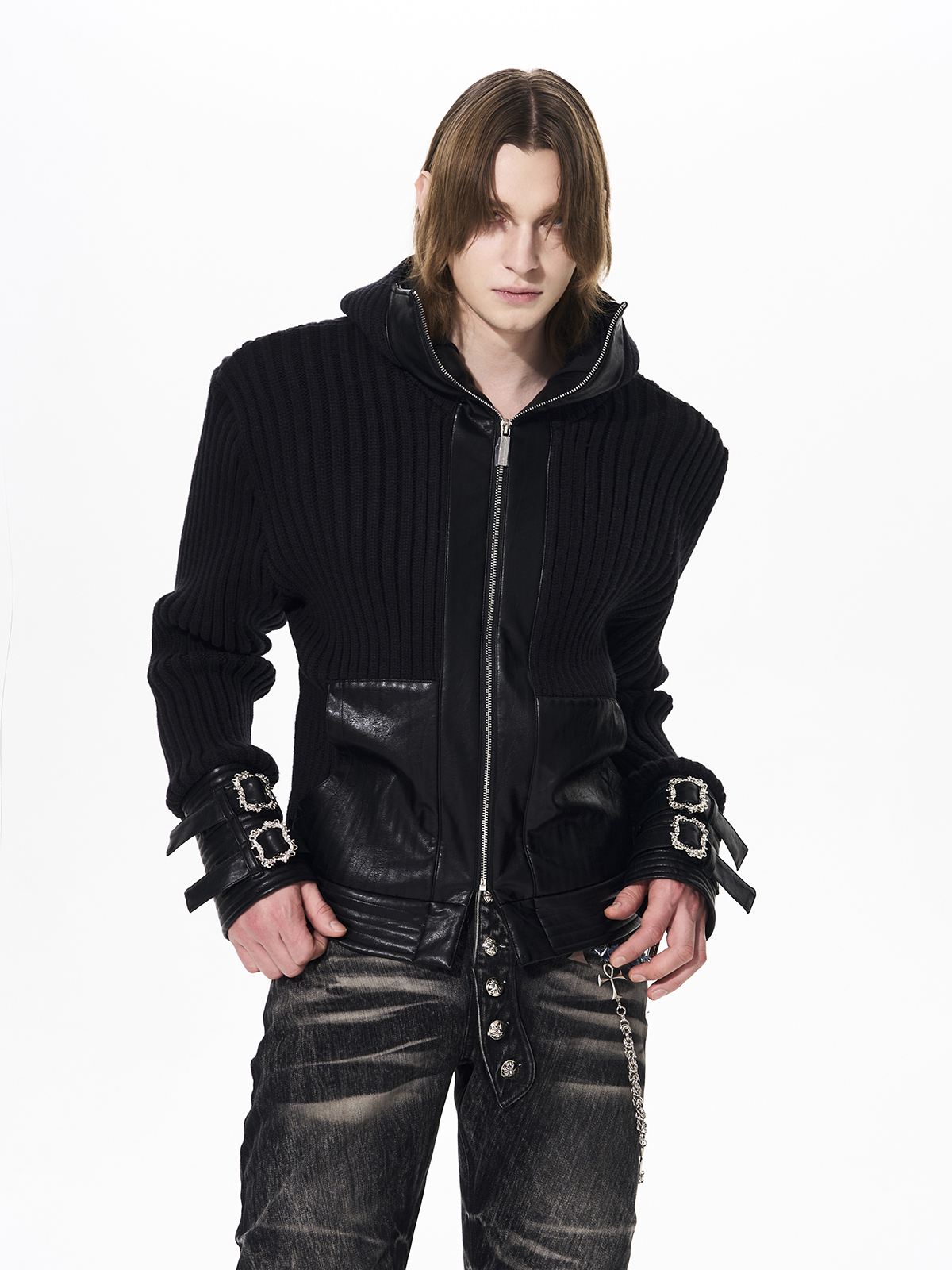 LEATHER PANEL BUCKLE CUFF RIBBED KNIT HOODIE