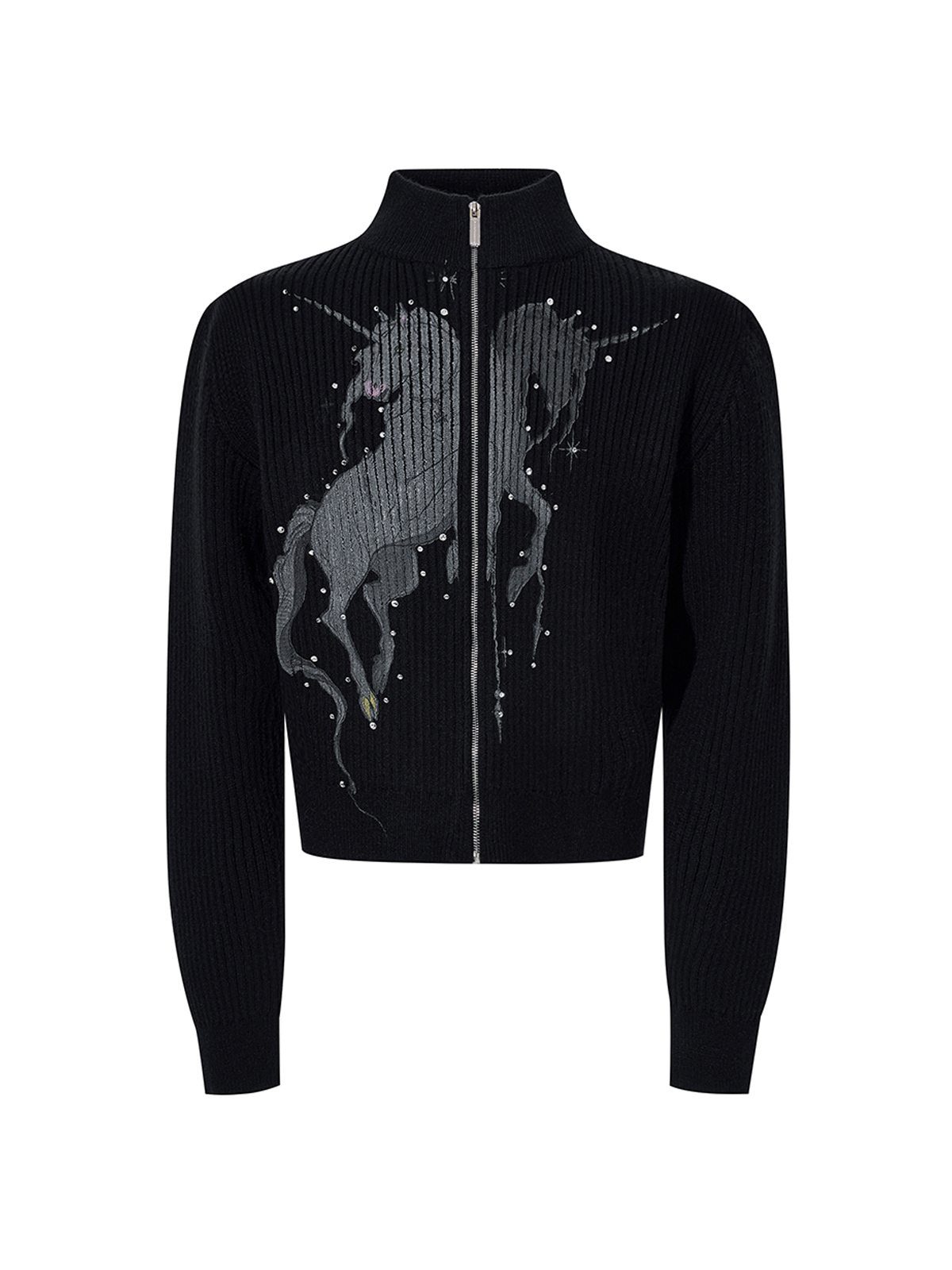 UNICORN GRAPHIC RIBBED ZIP-UP KNIT-BLACK