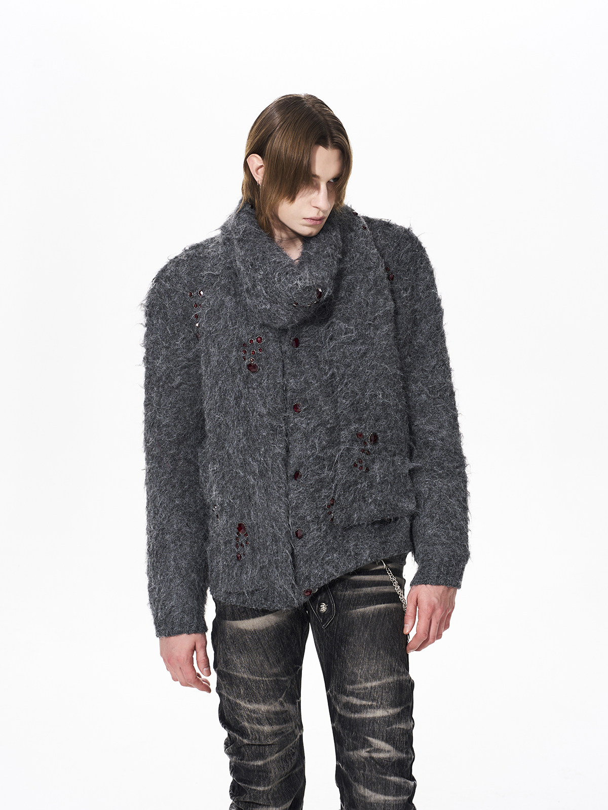 GEMSTONE SCATTERED SHAGGY MOHAIR CARDIGAN-GREY