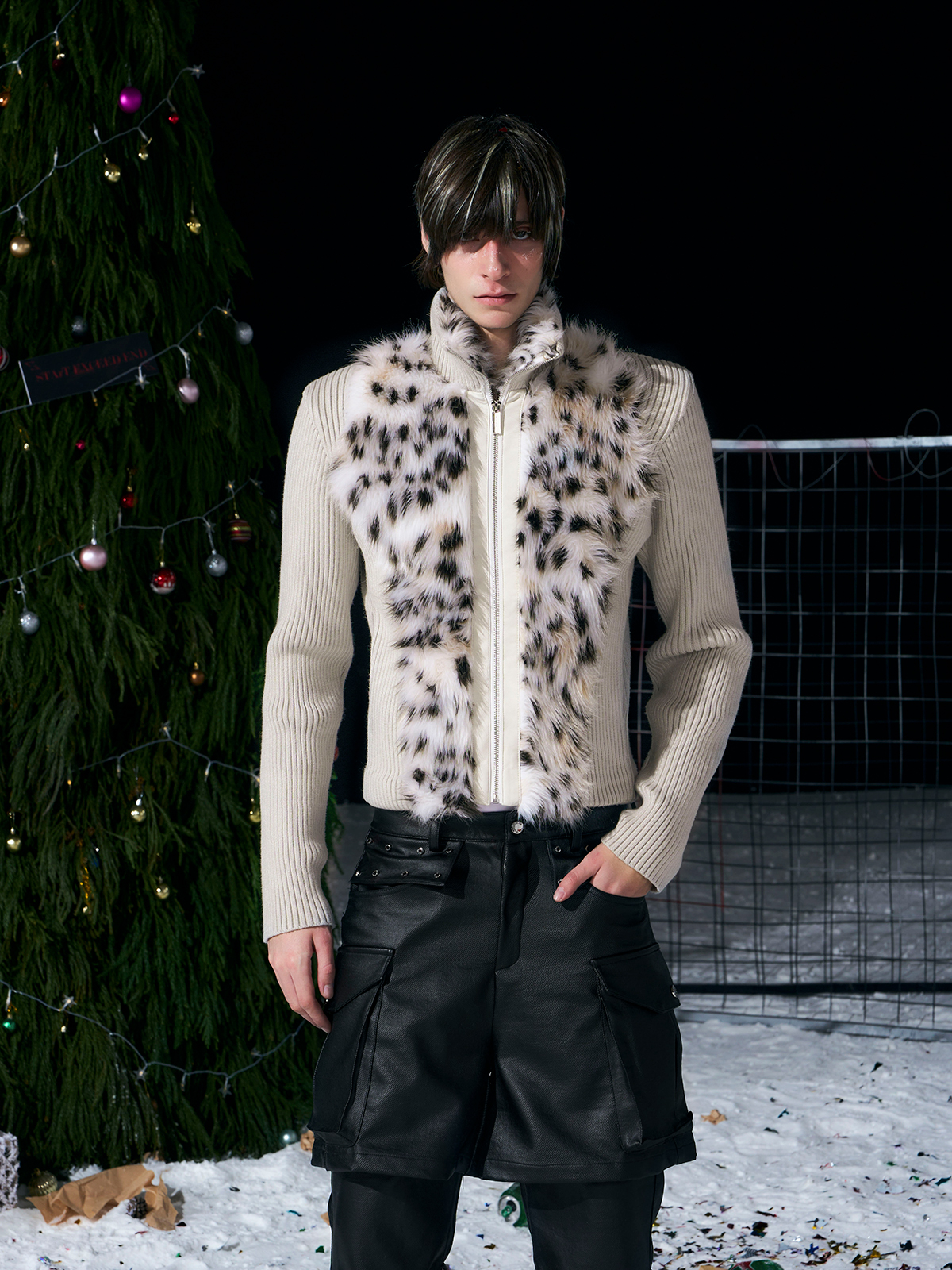 BEIGE LEOPARD FUR KNIT ZIP-UP