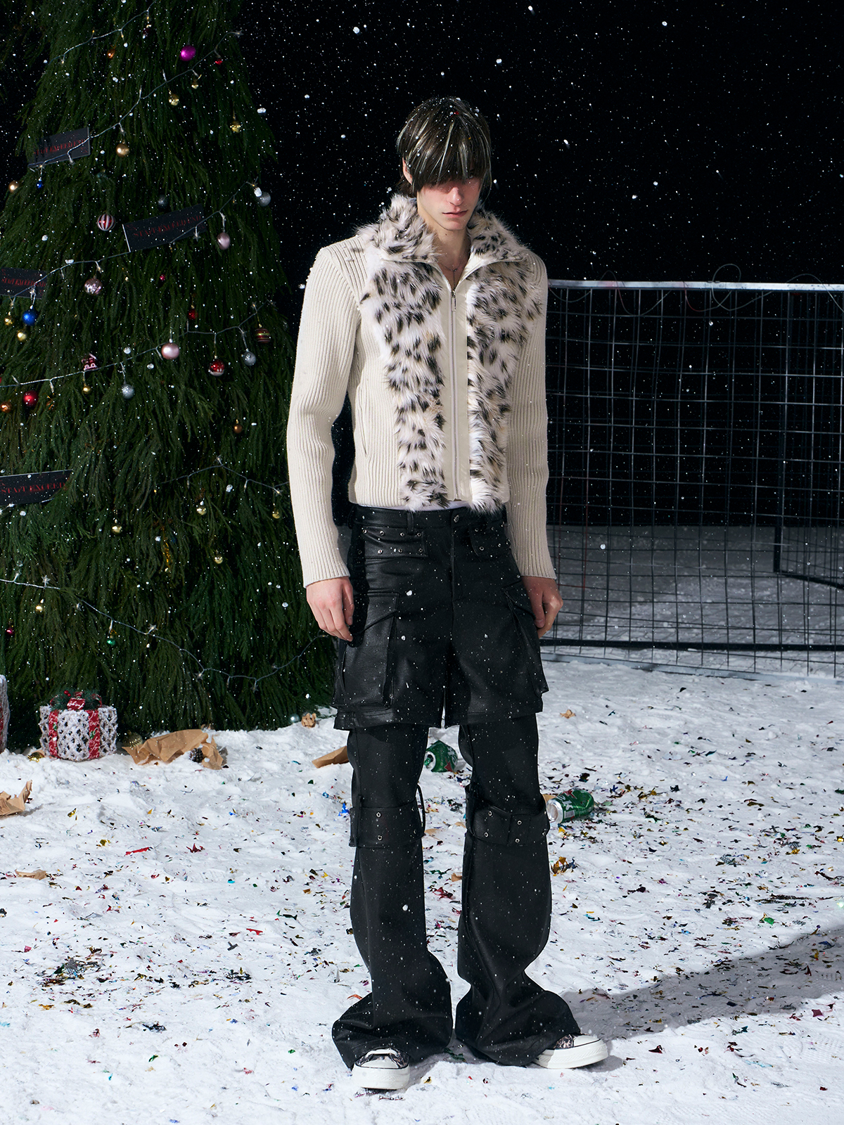 BEIGE LEOPARD FUR KNIT ZIP-UP